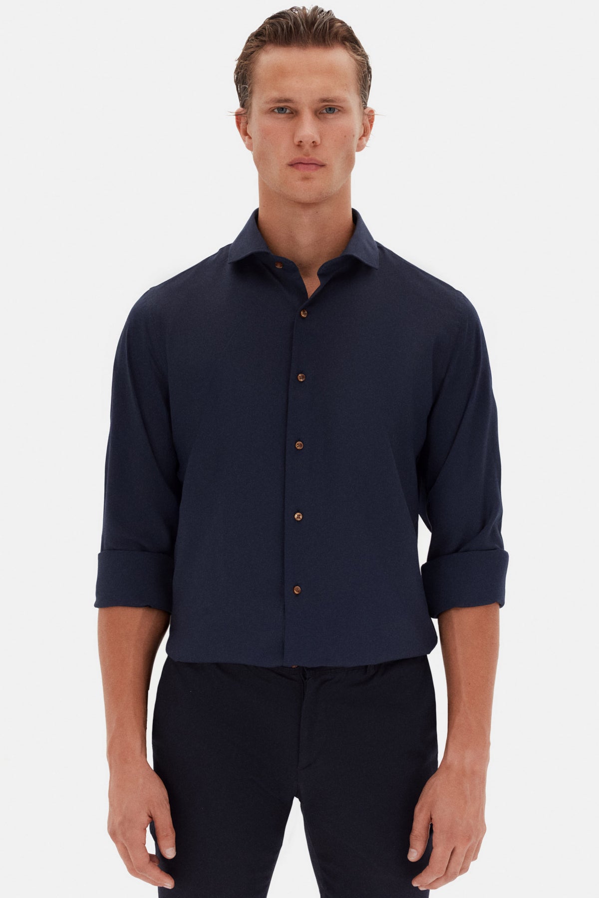 Ds Damat Slim Fit Italian Collar Textured Long-Sleeve Easy-Iron Breathable Four-Season Shirt  - Navy Blue
