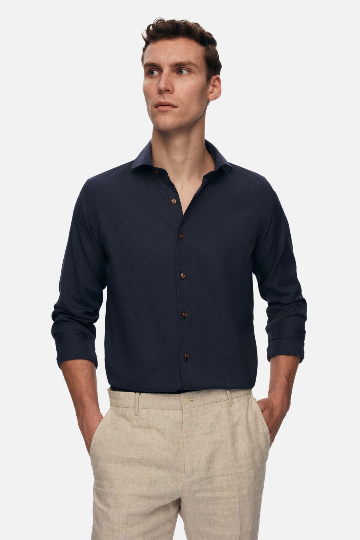Ds Damat Slim Fit Italian Collar Textured Long-Sleeve Easy-Iron Breathable Four-Season Shirt  - Navy Blue