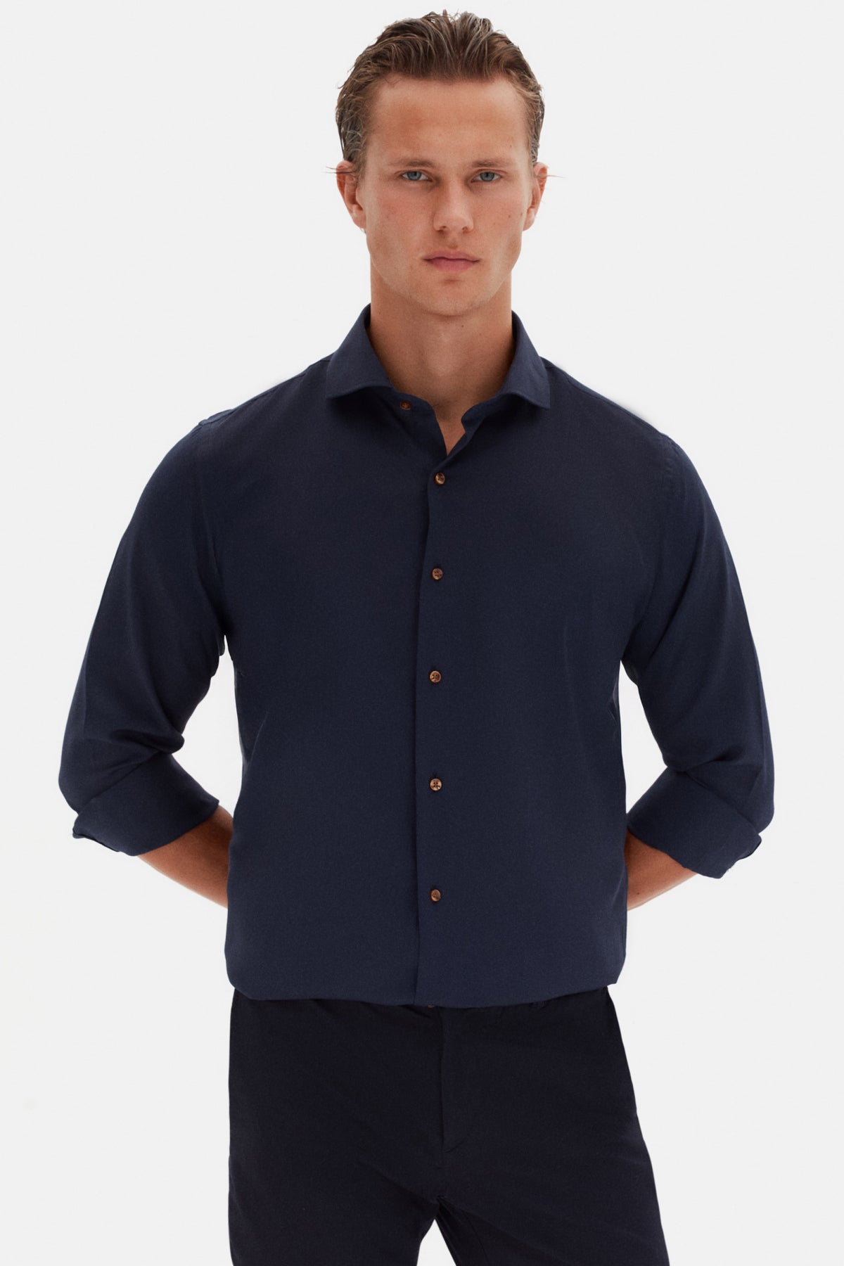 Ds Damat Slim Fit Italian Collar Textured Long-Sleeve Easy-Iron Breathable Four-Season Shirt  - Navy Blue