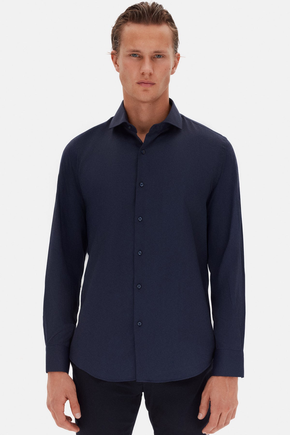 Ds Damat Slim Fit Italian Collar Textured Long-Sleeve Easy-Iron Breathable Four-Season Shirt  - Navy Blue