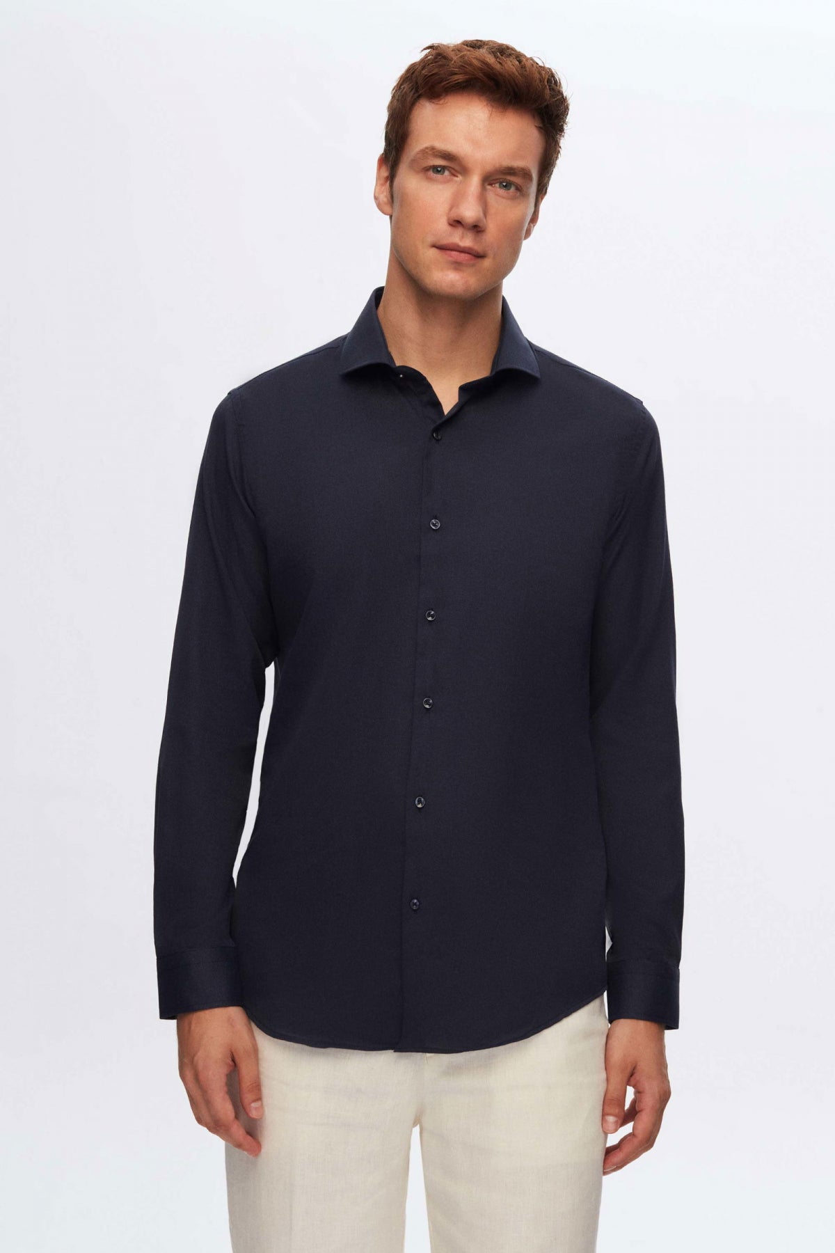 Ds Damat Slim Fit Italian Collar Textured Long-Sleeve Easy-Iron Breathable Four-Season Shirt  - Navy Blue