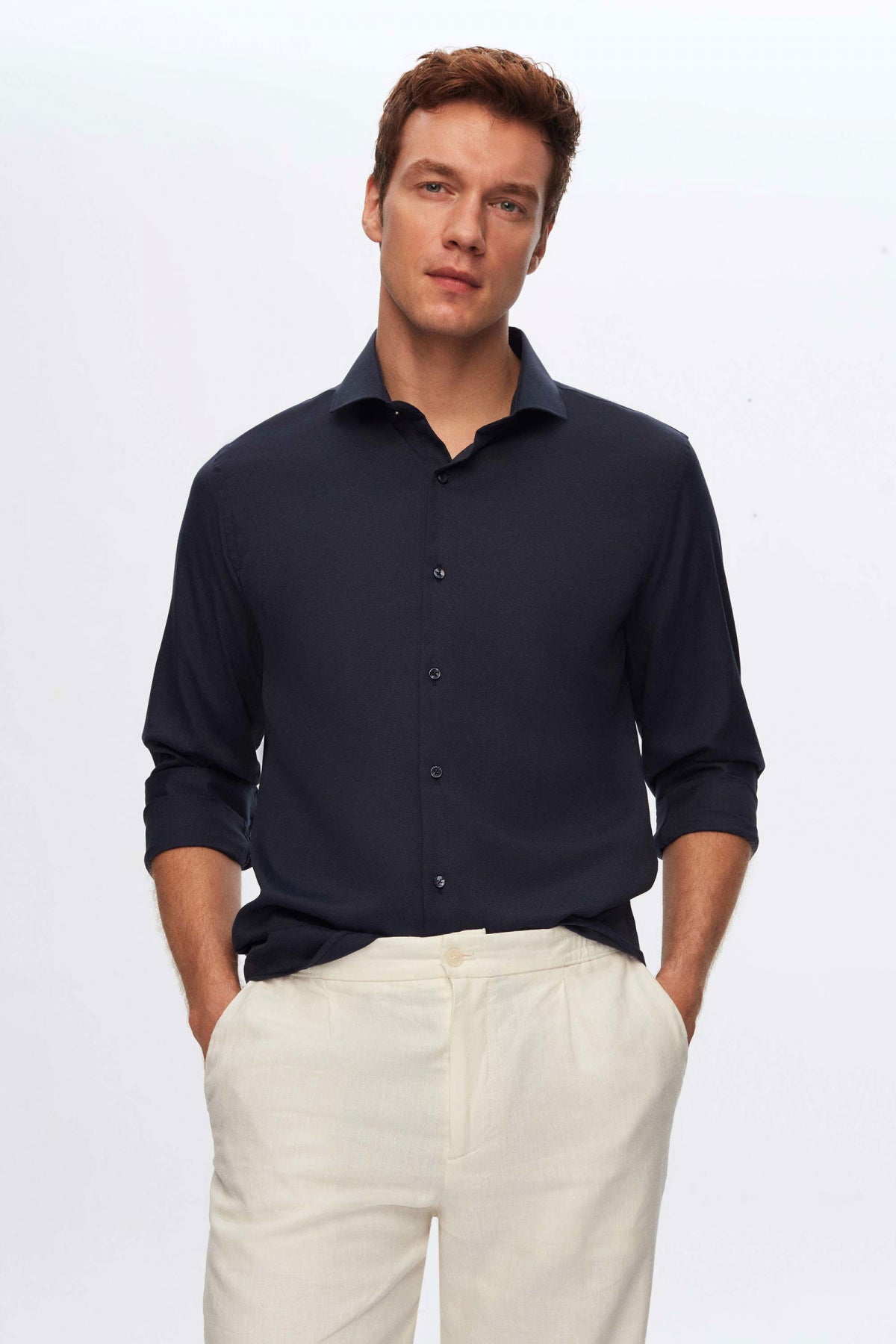 Ds Damat Slim Fit Italian Collar Textured Long-Sleeve Easy-Iron Breathable Four-Season Shirt  - Navy Blue