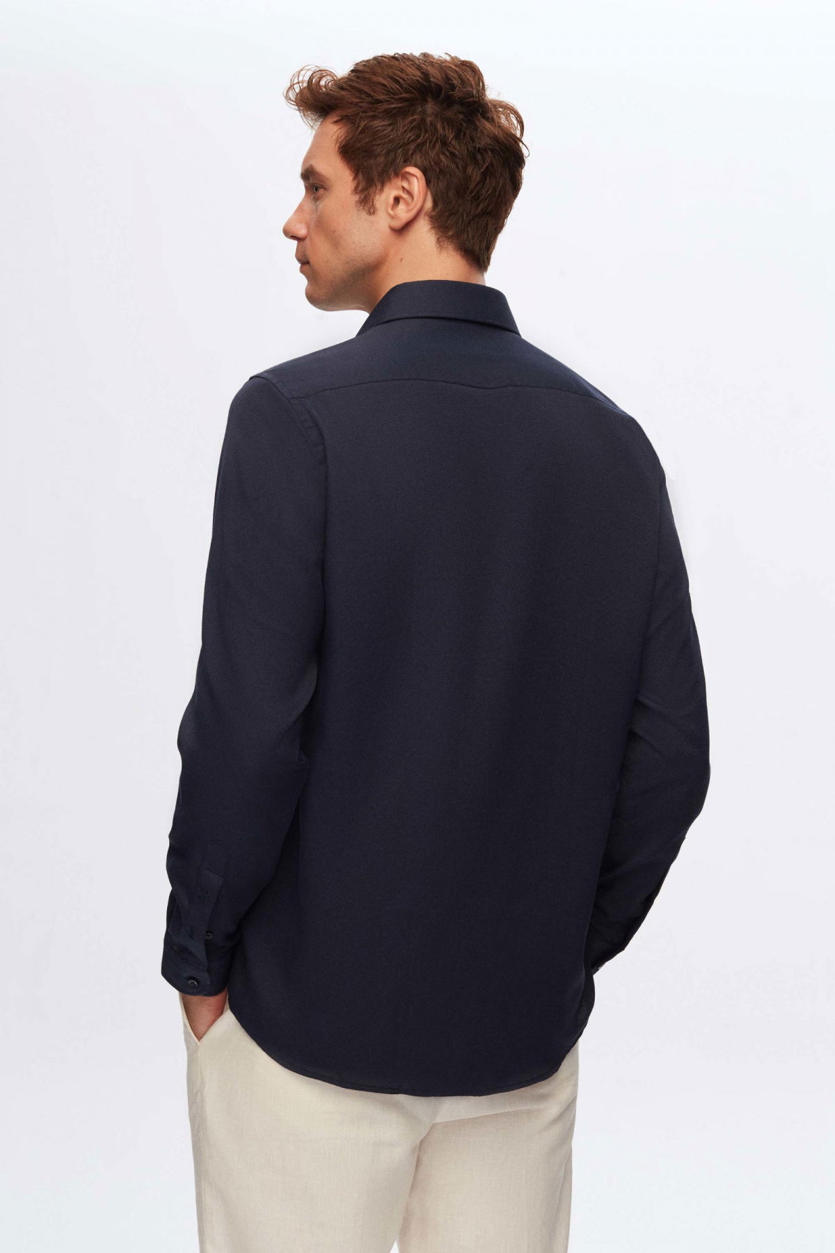 Ds Damat Slim Fit Italian Collar Textured Long-Sleeve Easy-Iron Breathable Four-Season Shirt  - Navy Blue