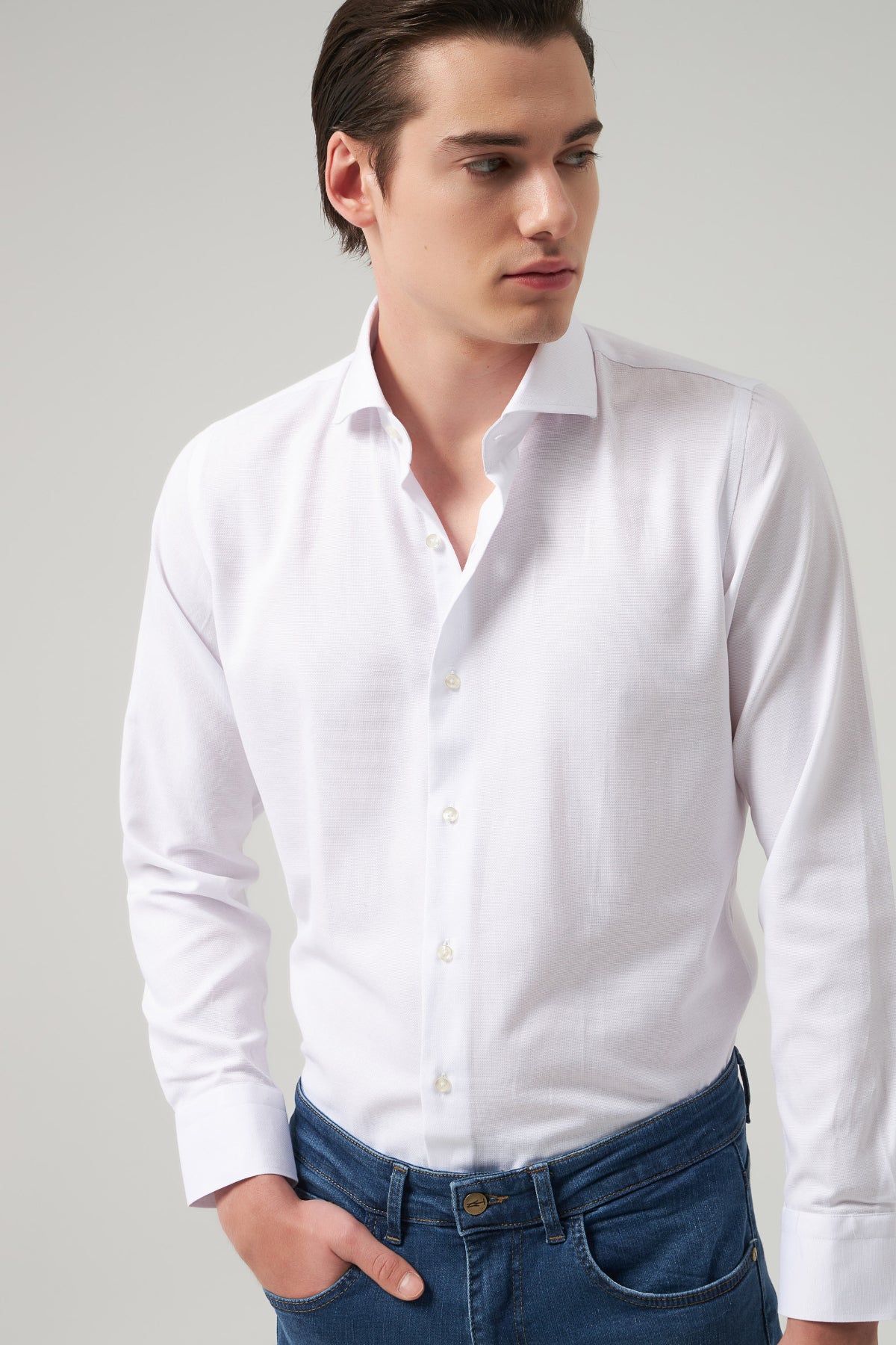 Ds Damat Slim Fit Italian Collar Textured Long-Sleeve Easy-Iron Breathable Four-Season Shirt  - White