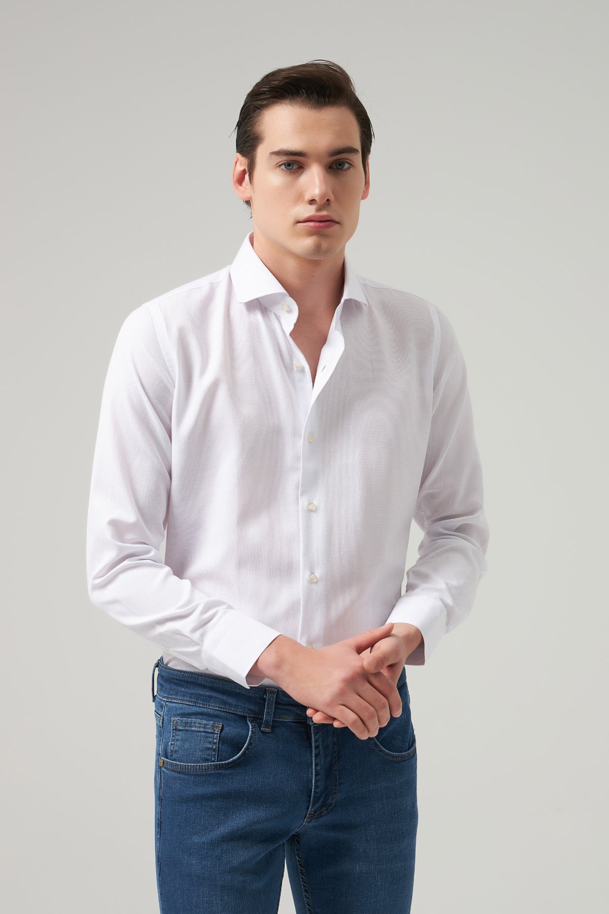 Ds Damat Slim Fit Italian Collar Textured Long-Sleeve Easy-Iron Breathable Four-Season Shirt  - White
