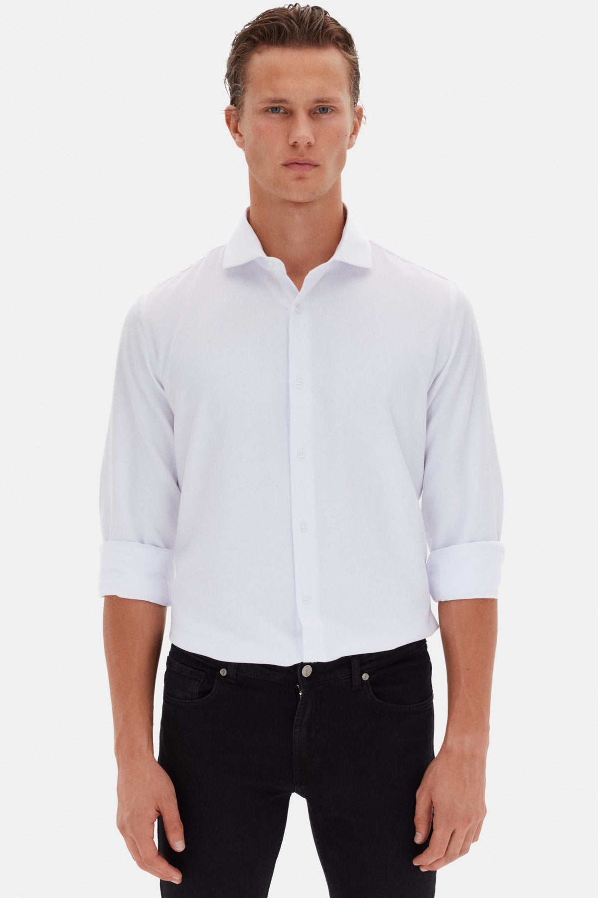 Ds Damat Slim Fit Italian Collar Textured Long-Sleeve Easy-Iron Breathable Four-Season Shirt  - White