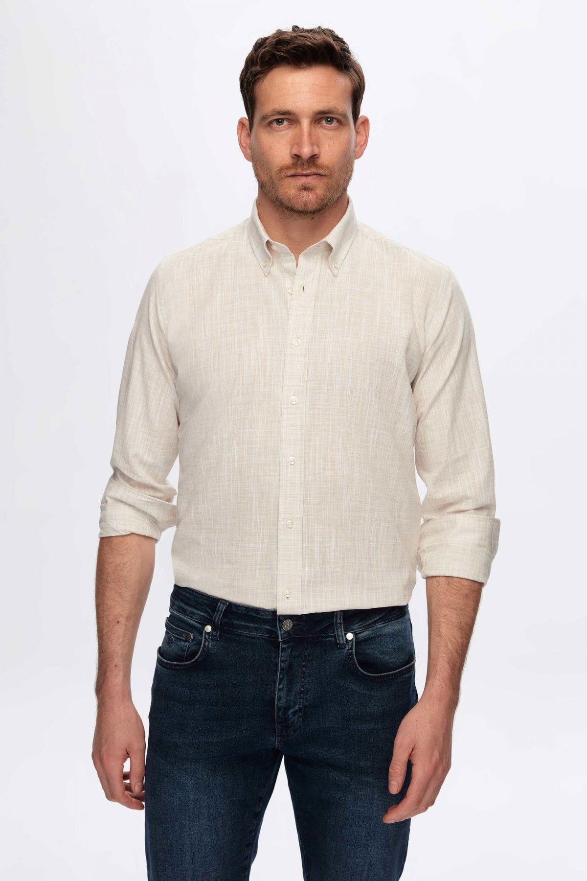 Ds Damat Slim Fit Linen-Look Shirt  - Beige