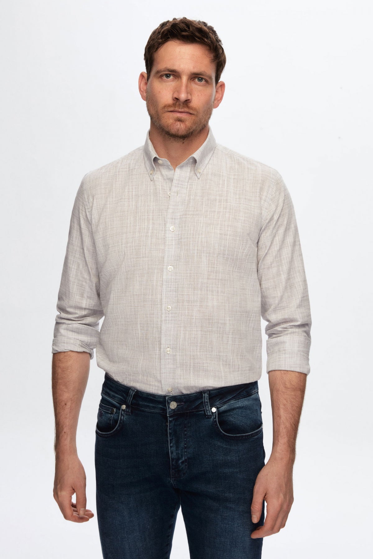 Ds Damat Slim Fit Linen-Look Shirt  - Taupe