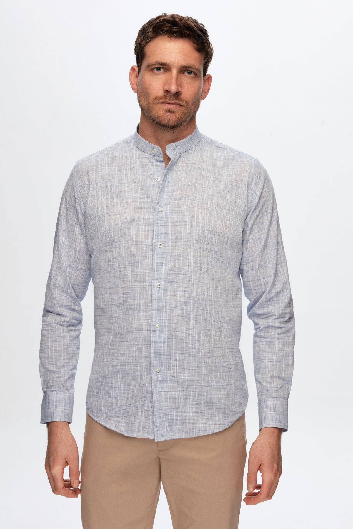 Ds Damat Slim Fit Linen-Look Stand Collar 100% Cotton Lightweight Shirt  - Blue