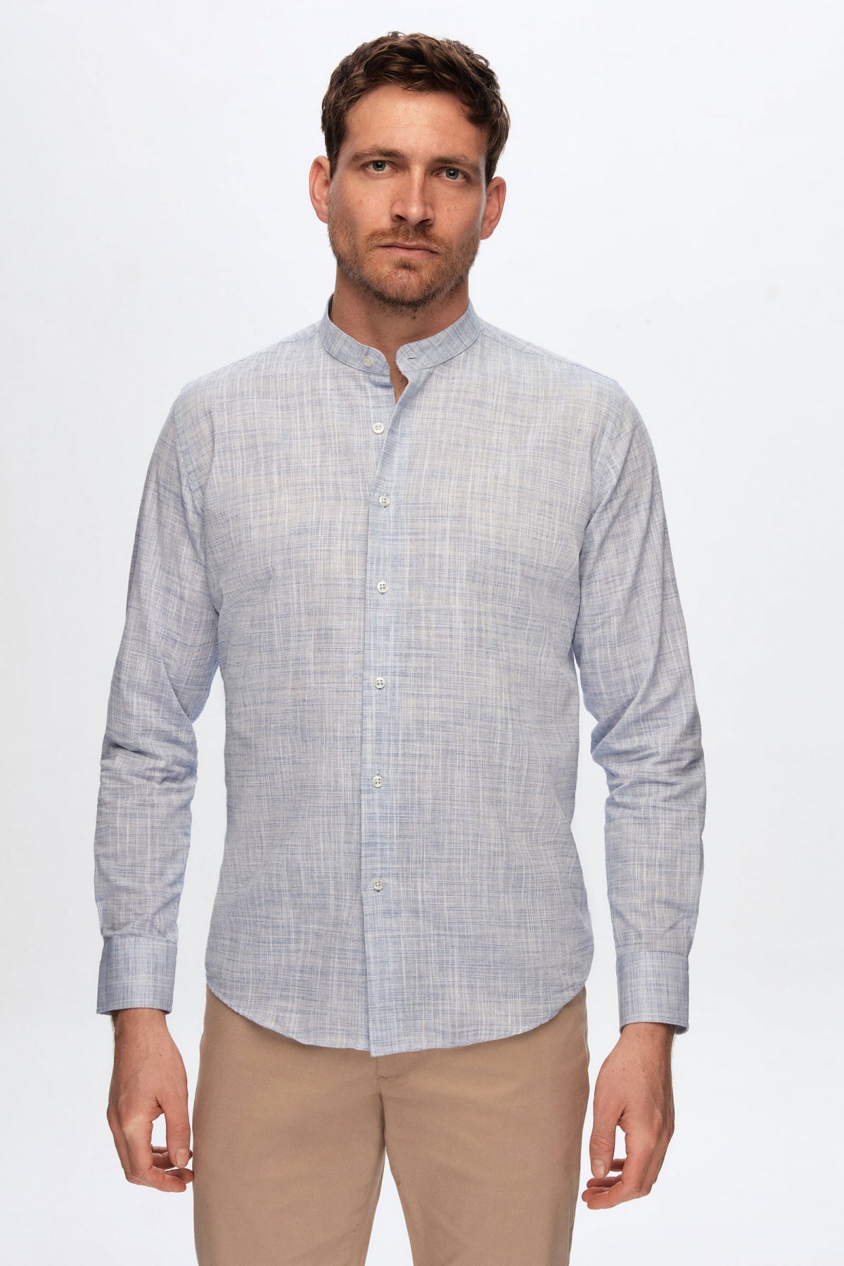 Ds Damat Slim Fit Linen-Look Stand Collar 100% Cotton Lightweight Shirt  - Blue