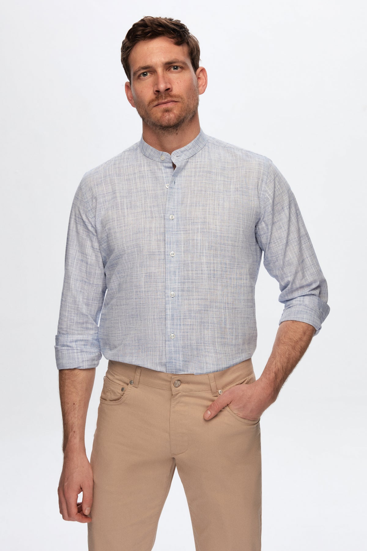 Ds Damat Slim Fit Linen-Look Stand Collar 100% Cotton Lightweight Shirt  - Blue