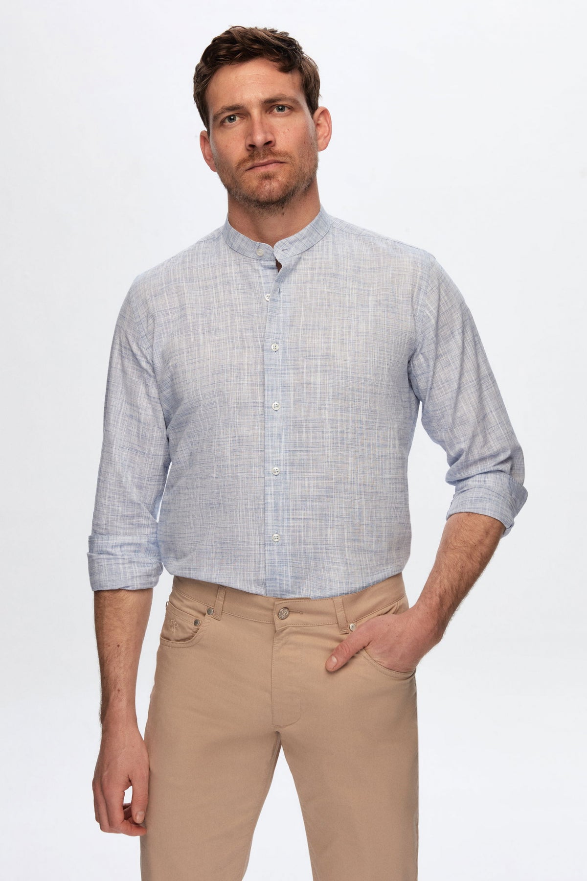 Ds Damat Slim Fit Linen-Look Stand Collar 100% Cotton Lightweight Shirt  - Blue