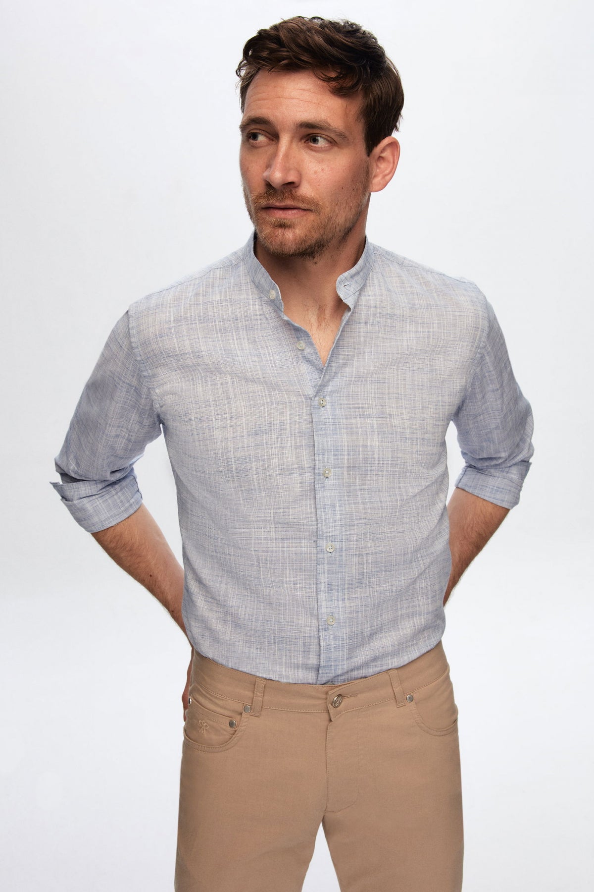 Ds Damat Slim Fit Linen-Look Stand Collar 100% Cotton Lightweight Shirt  - Blue