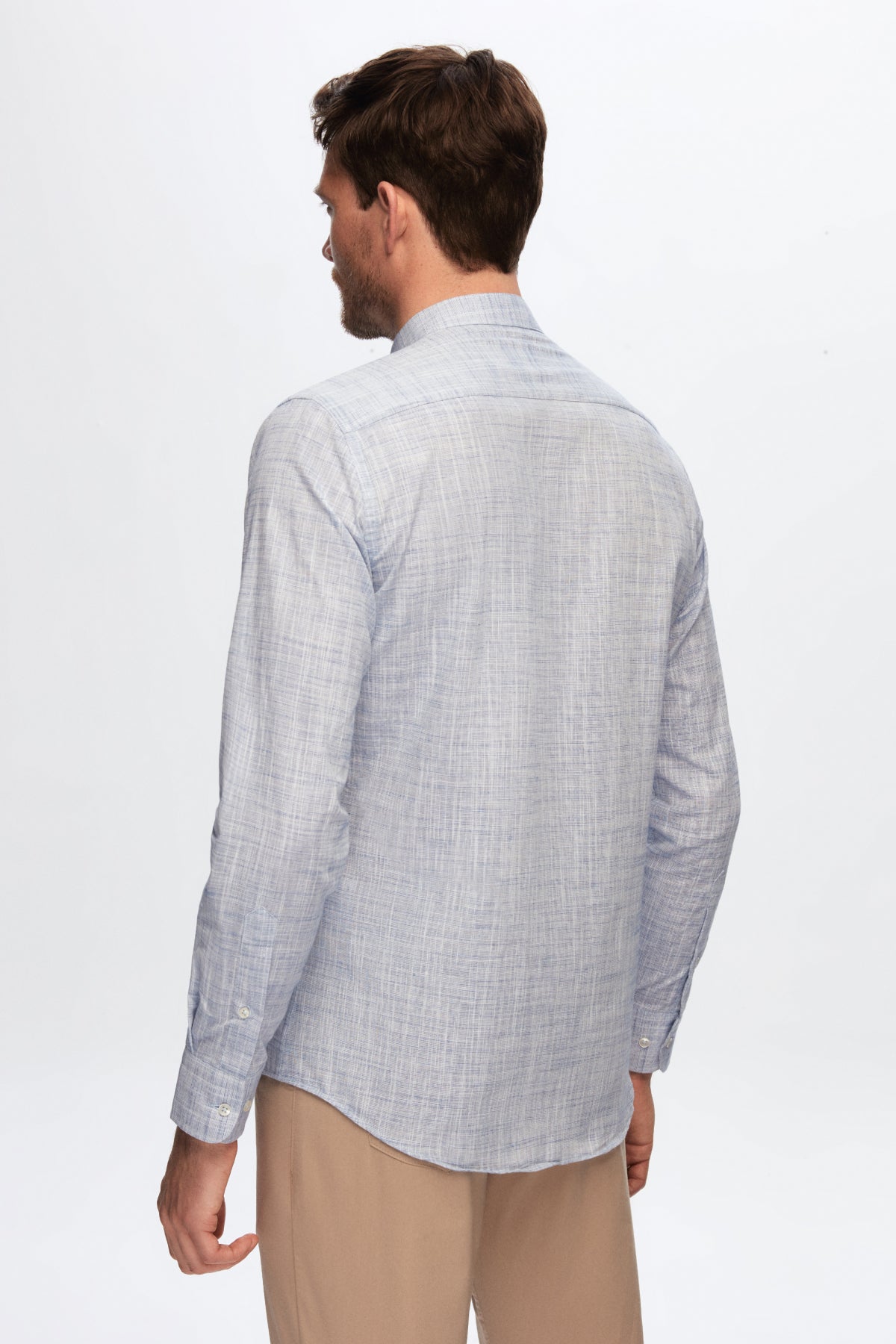 Ds Damat Slim Fit Linen-Look Stand Collar 100% Cotton Lightweight Shirt  - Blue