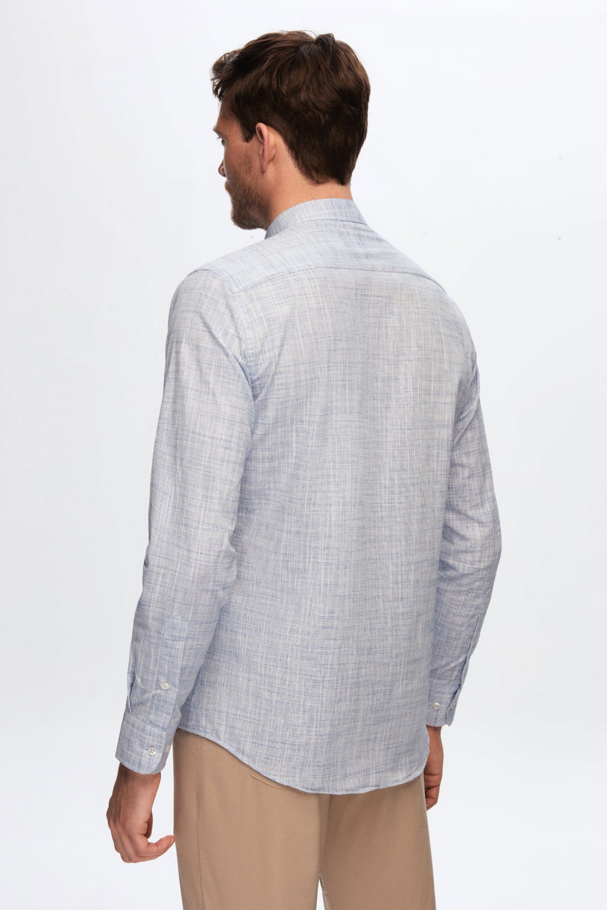 Ds Damat Slim Fit Linen-Look Stand Collar 100% Cotton Lightweight Shirt  - Blue