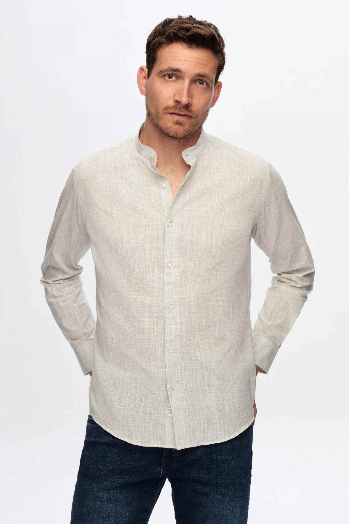 Ds Damat Slim Fit Linen-Look Stand Collar 100% Cotton Lightweight Shirt  - Green