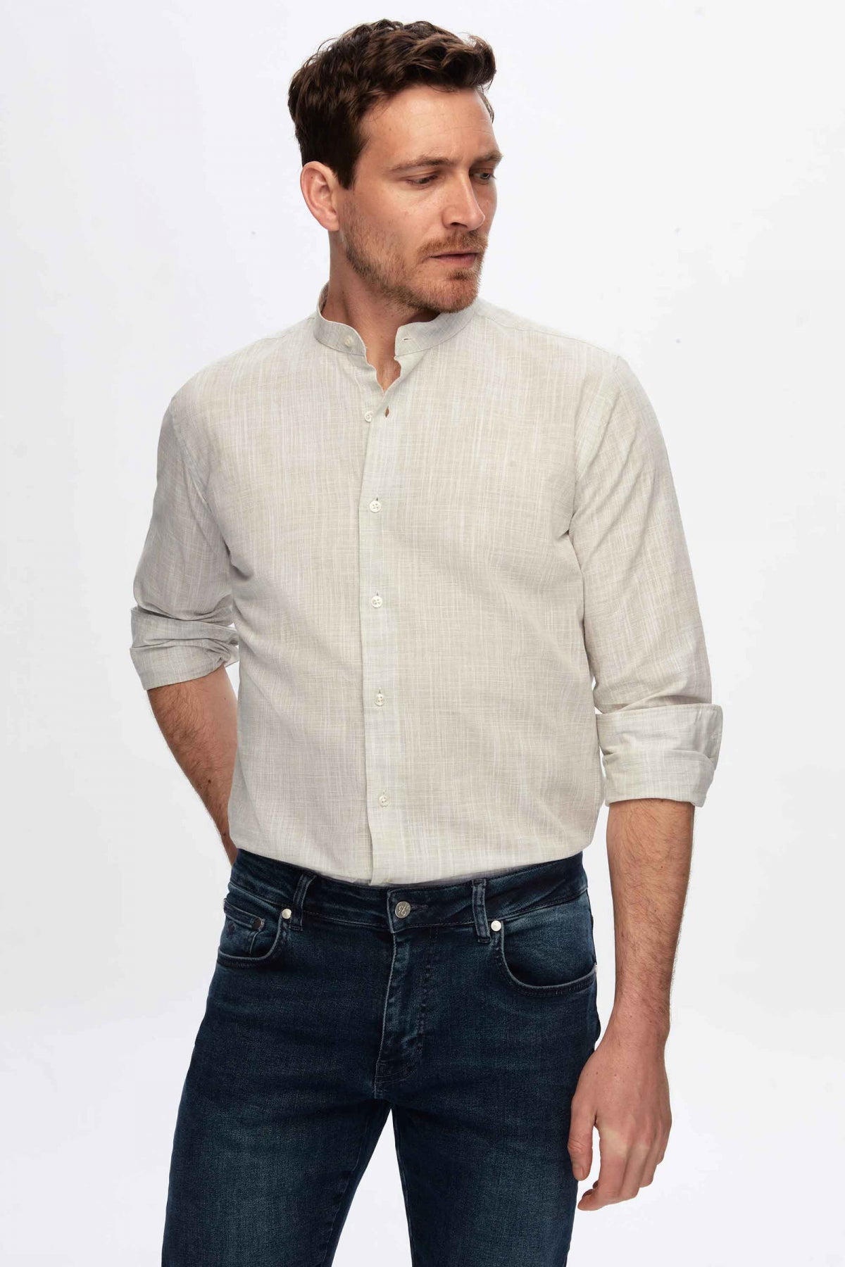 Ds Damat Slim Fit Linen-Look Stand Collar 100% Cotton Lightweight Shirt  - Green