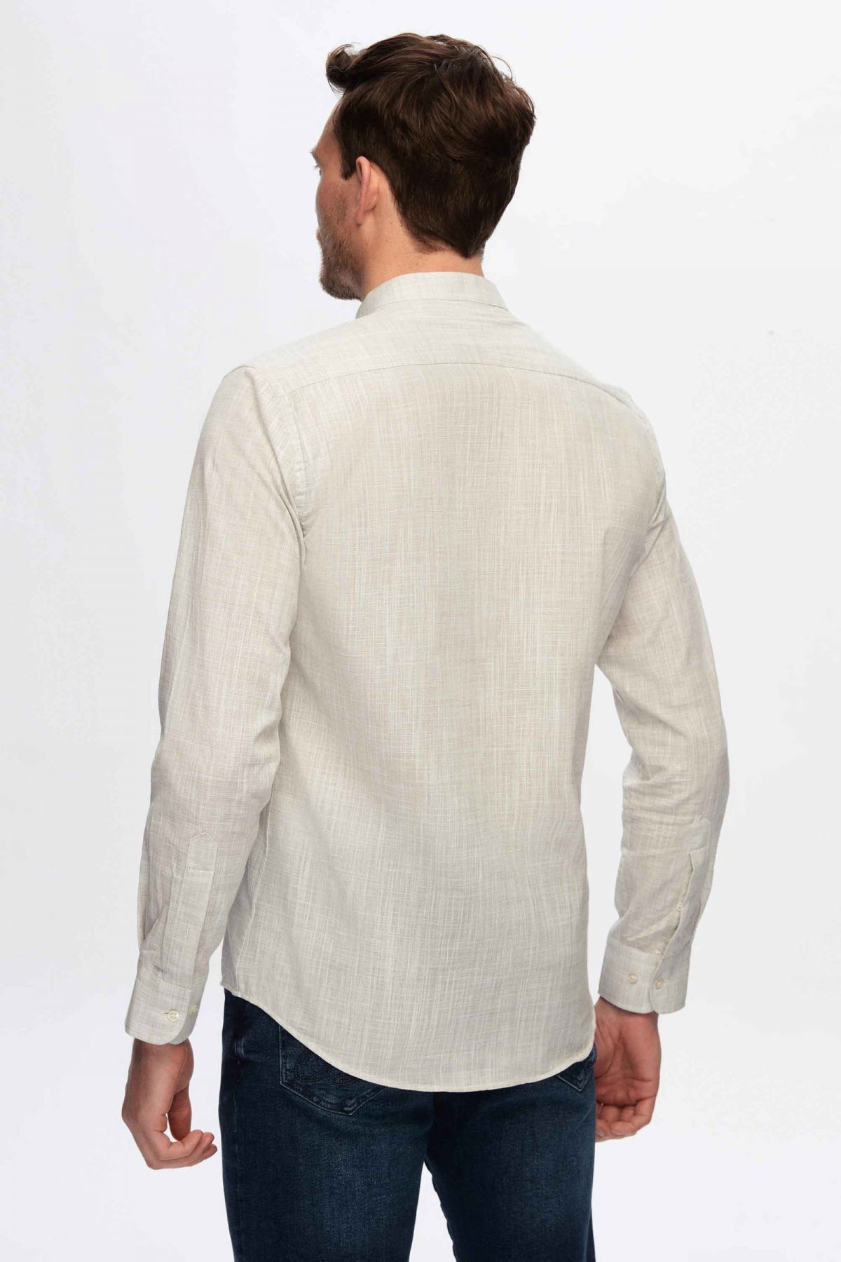 Ds Damat Slim Fit Linen-Look Stand Collar 100% Cotton Lightweight Shirt  - Green