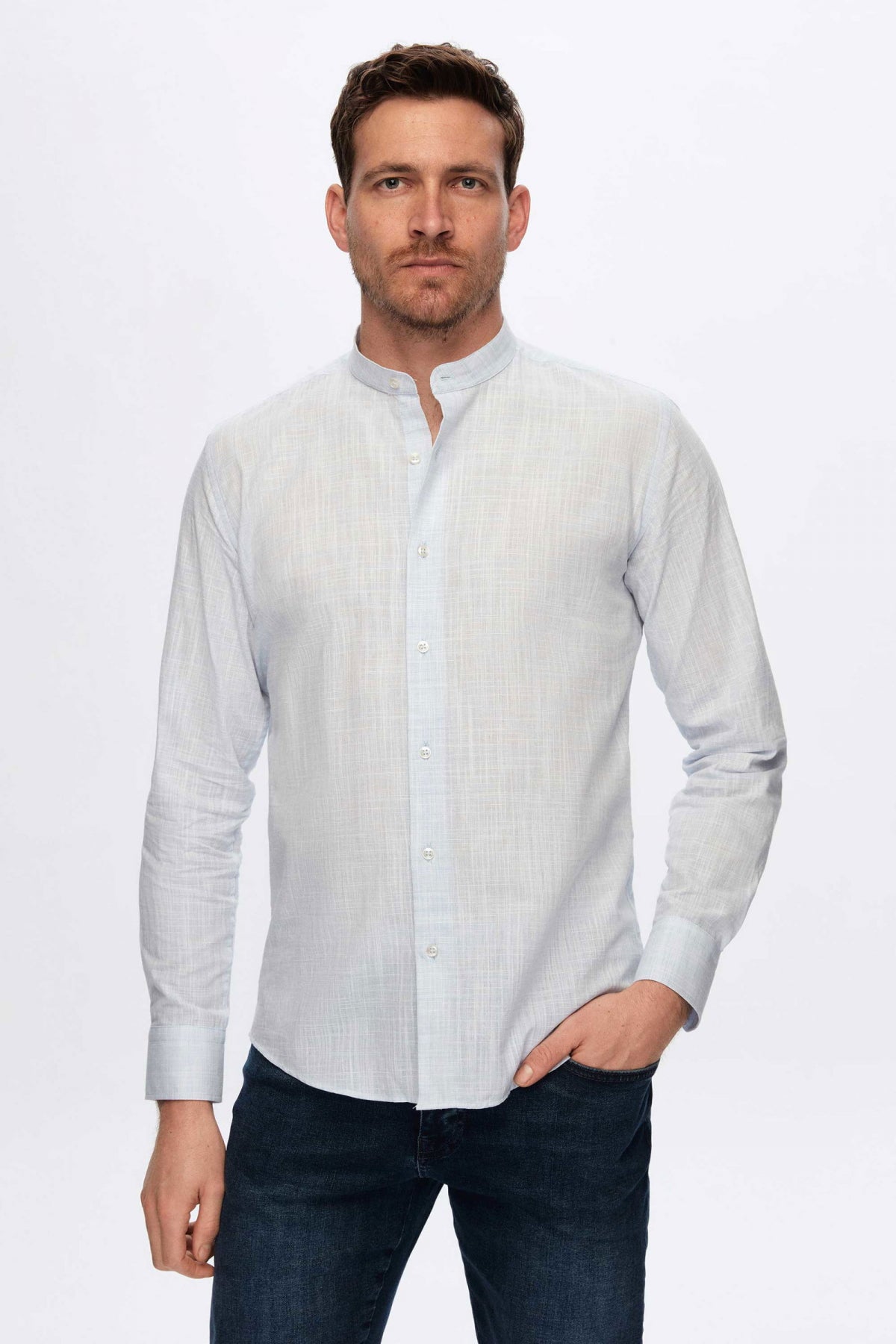 Ds Damat Slim Fit Linen-Look Stand Collar 100% Cotton Lightweight Shirt  - Light Blue