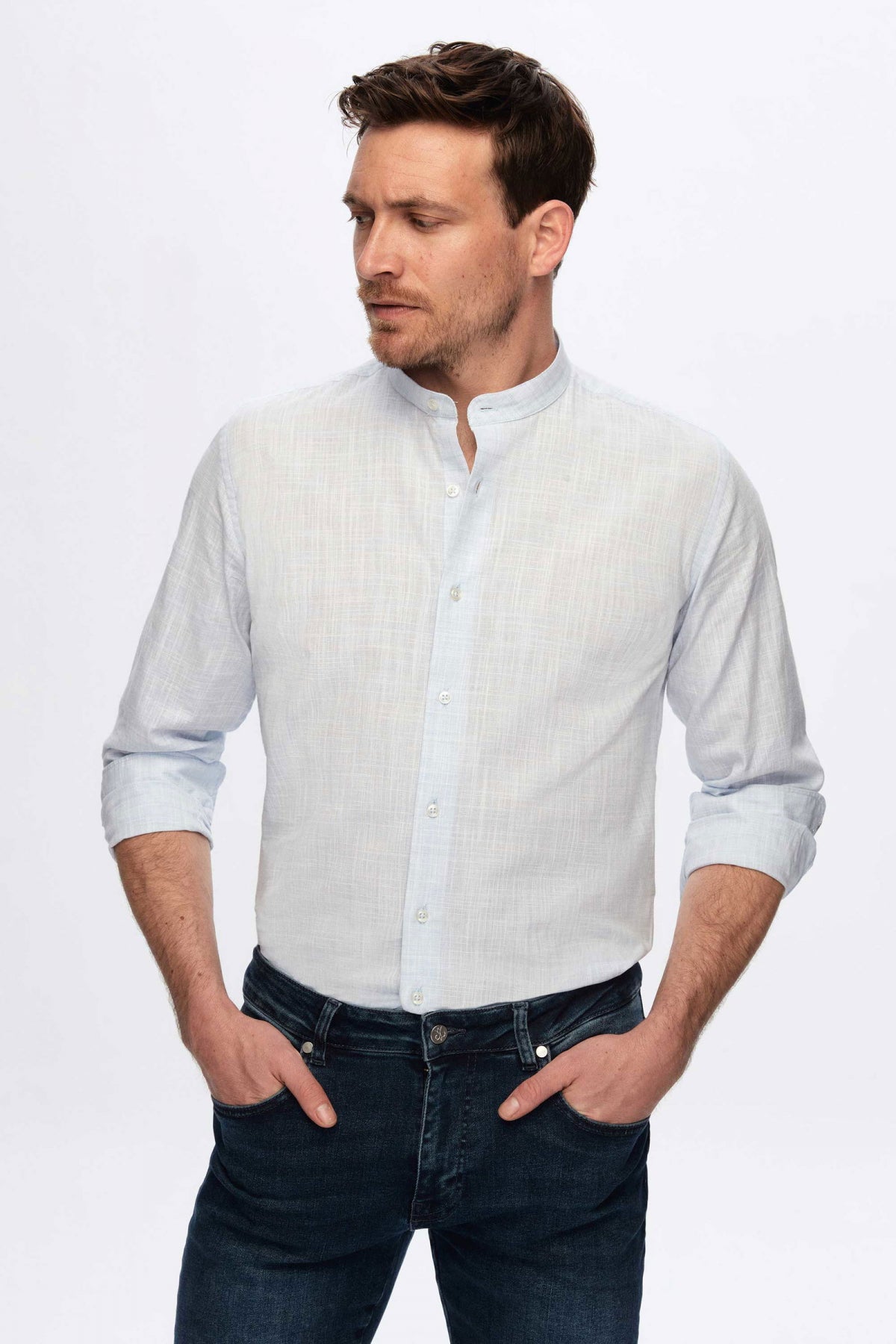 Ds Damat Slim Fit Linen-Look Stand Collar 100% Cotton Lightweight Shirt  - Light Blue