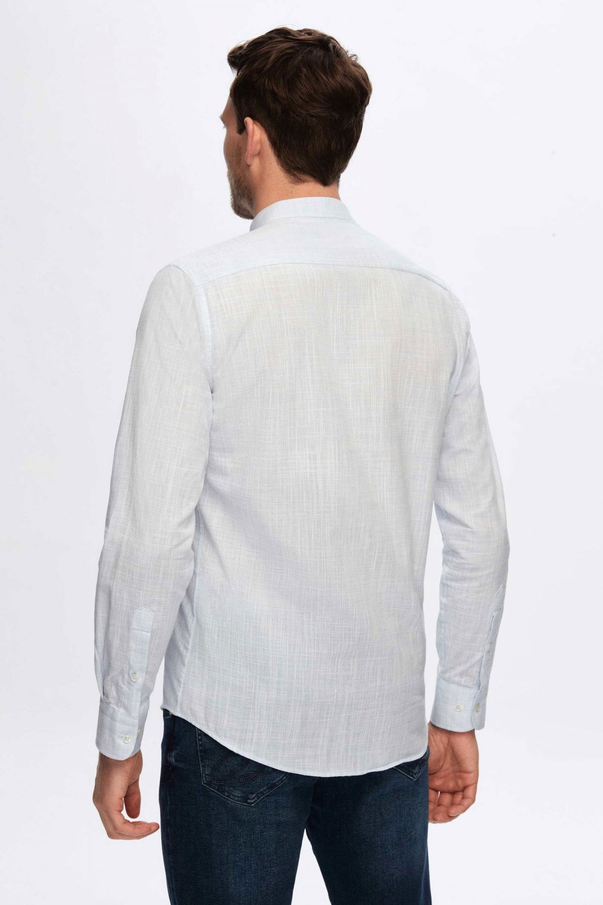 Ds Damat Slim Fit Linen-Look Stand Collar 100% Cotton Lightweight Shirt  - Light Blue
