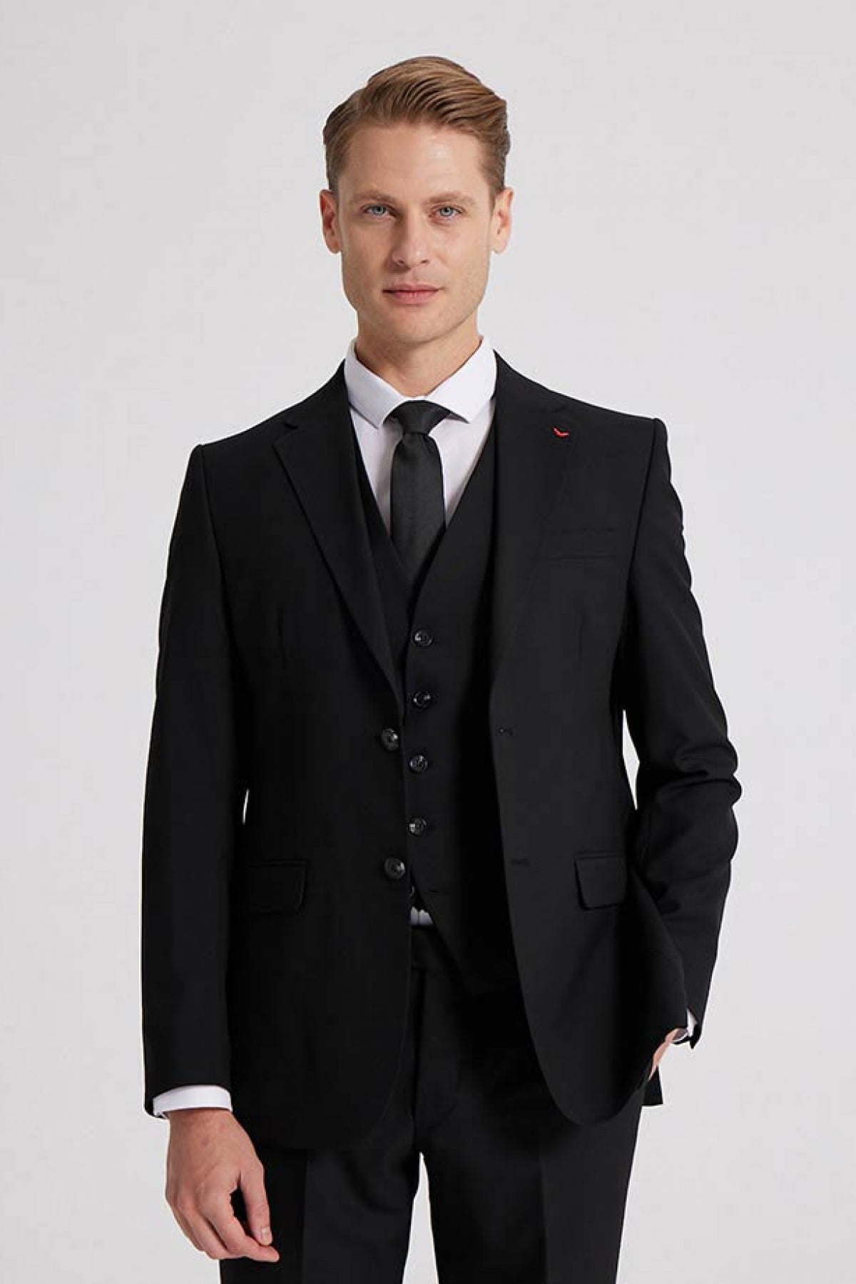Ds Damat Slim Fit Mono Collar Single Vent Lined Suit with Vest  - Black