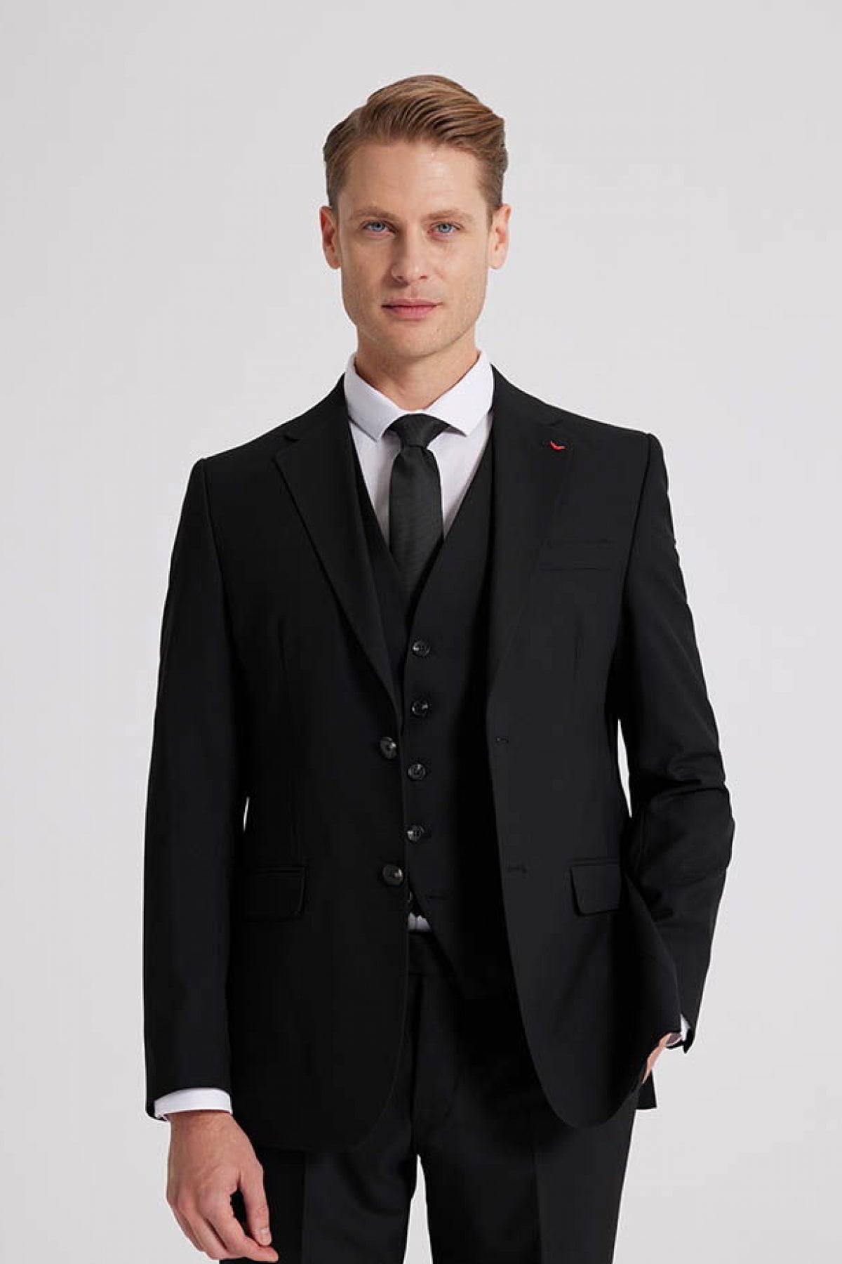 Ds Damat Slim Fit Mono Collar Single Vent Lined Suit with Vest  - Black
