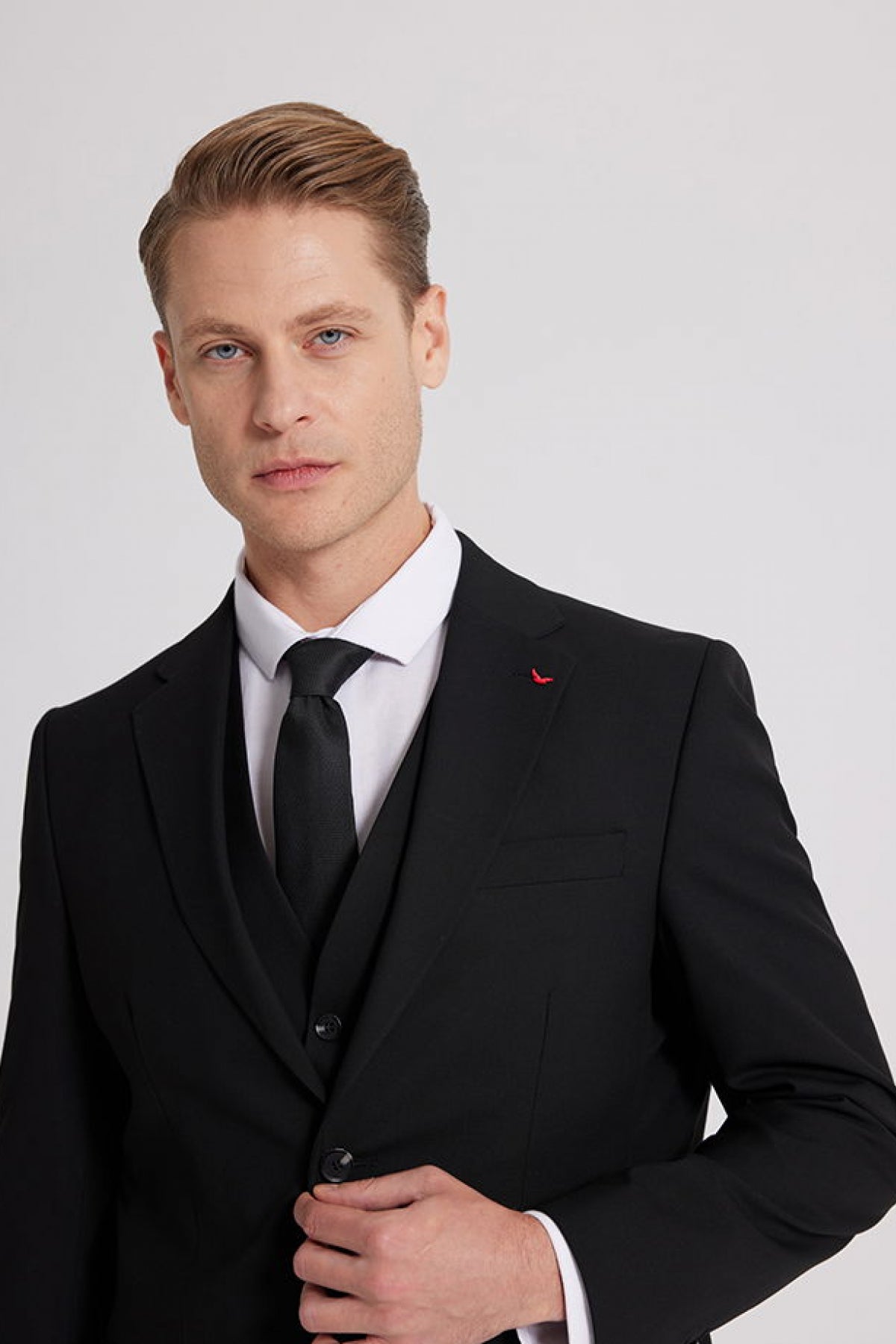 Ds Damat Slim Fit Mono Collar Single Vent Lined Suit with Vest  - Black