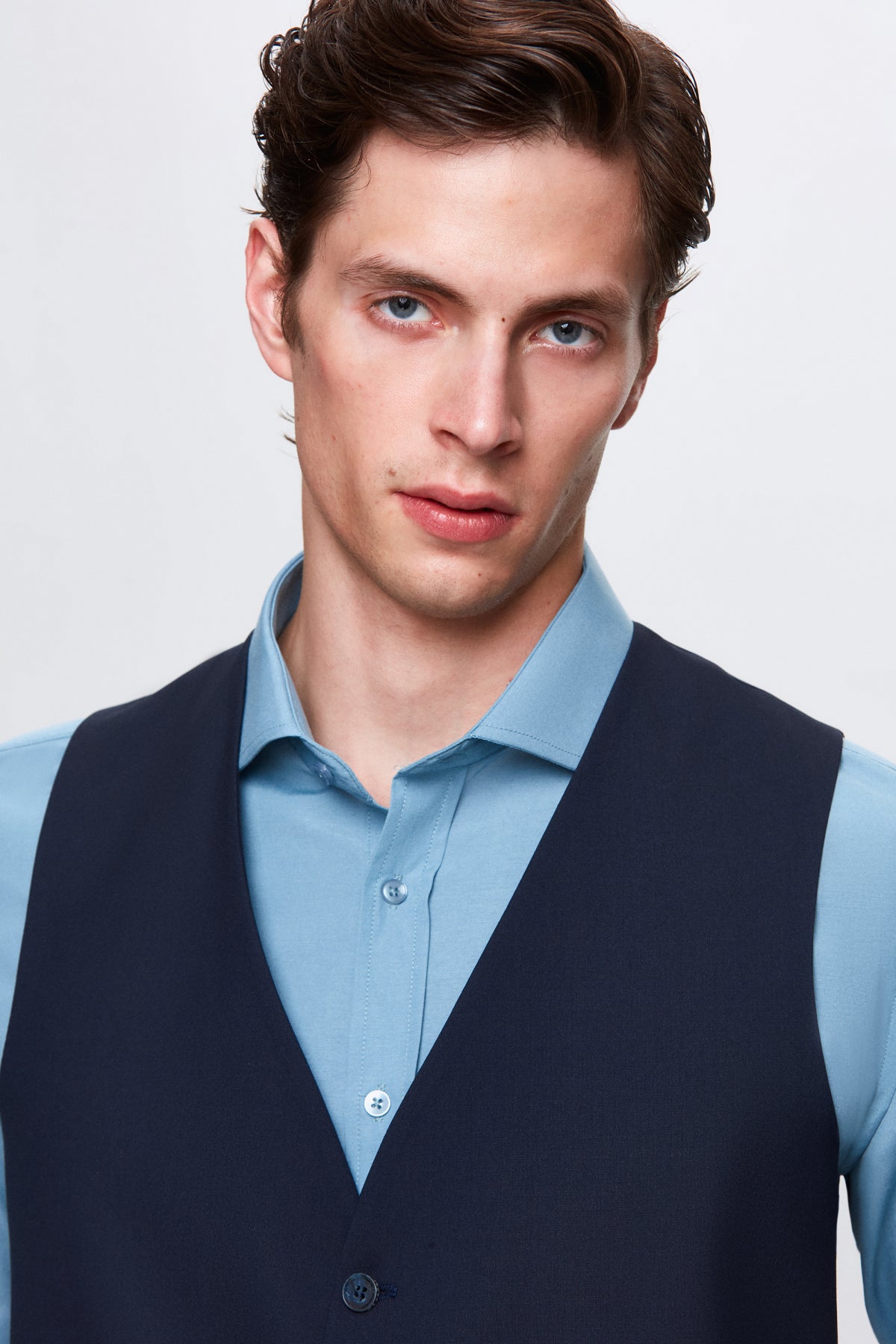 Ds Damat Slim Fit Mono Collar Single Vent Lined Suit with Vest  - Navy Blue