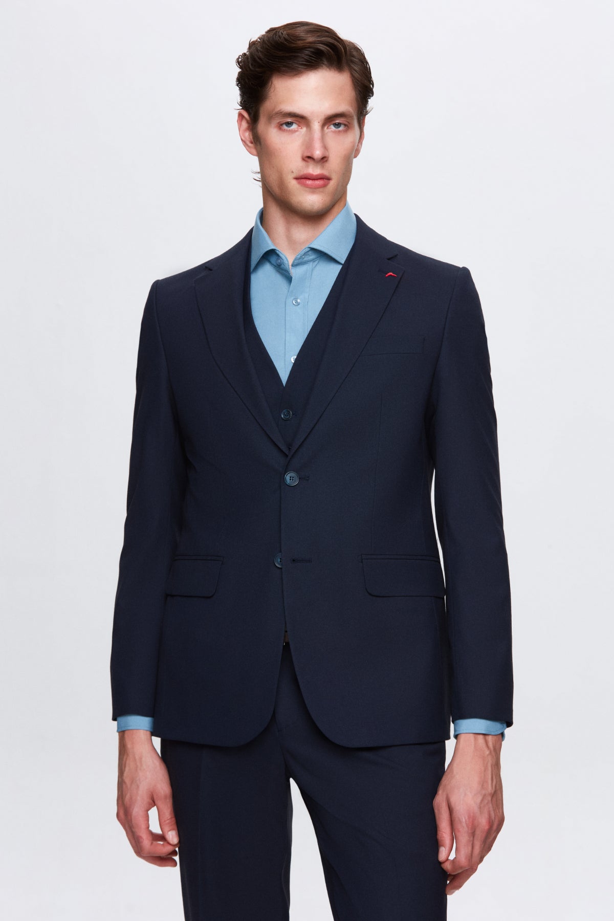 Ds Damat Slim Fit Mono Collar Single Vent Lined Suit with Vest  - Navy Blue