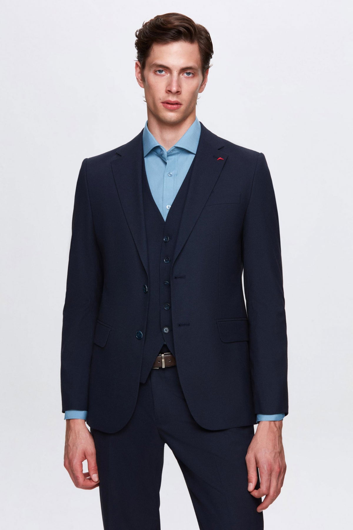 Ds Damat Slim Fit Mono Collar Single Vent Lined Suit with Vest  - Navy Blue