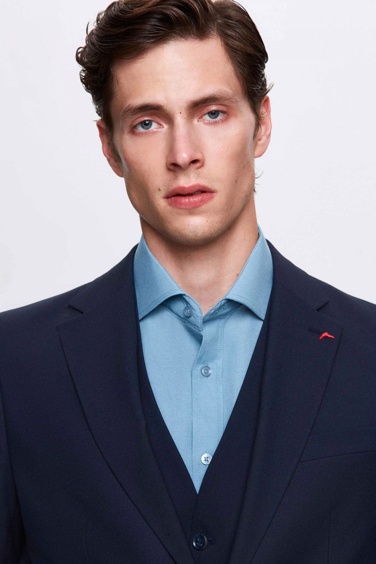 Ds Damat Slim Fit Mono Collar Single Vent Lined Suit with Vest  - Navy Blue