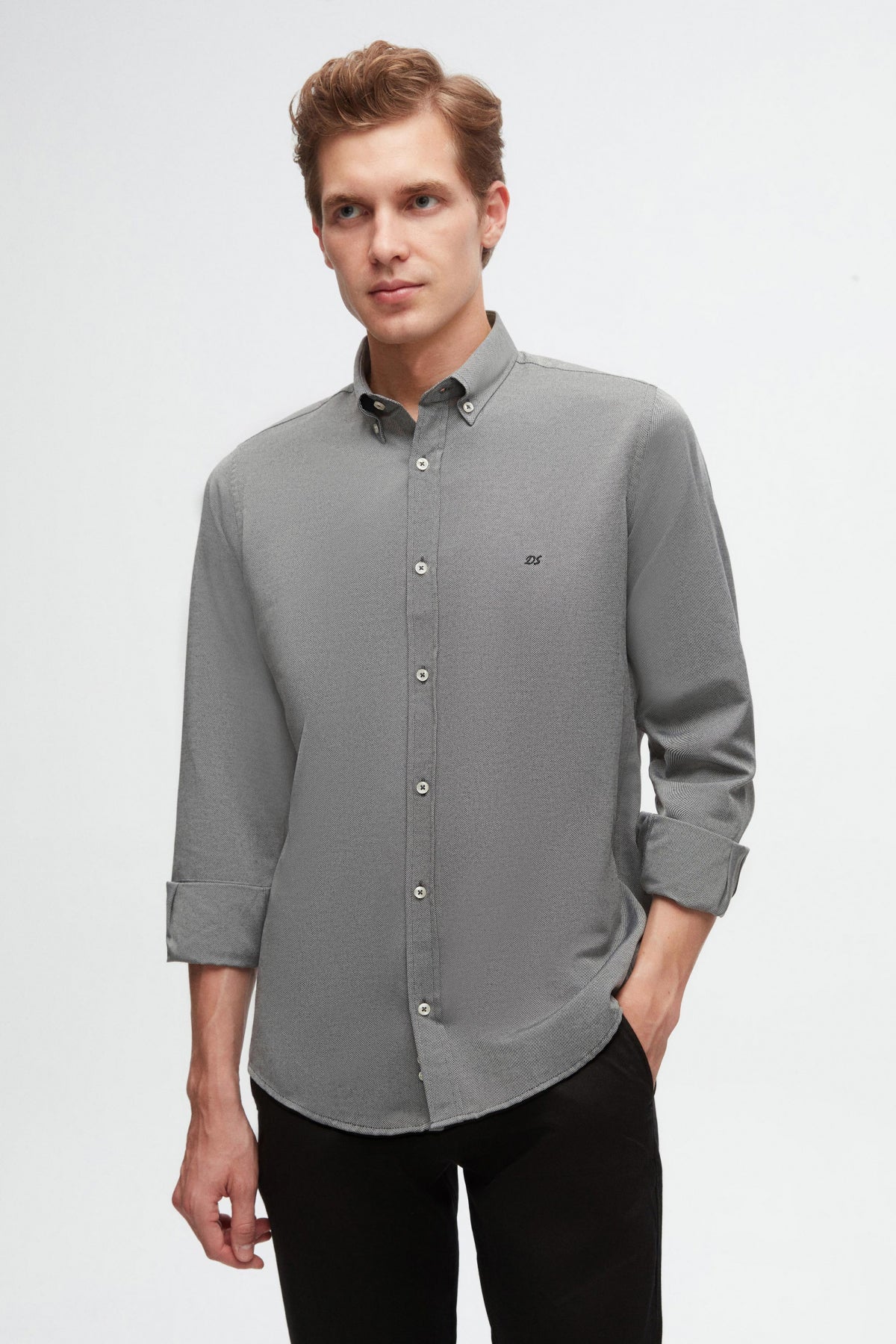 Ds Damat Slim Fit Oxford Button-Down Easy Iron Embroidered Detail Cotton Shirt  - Anthracite