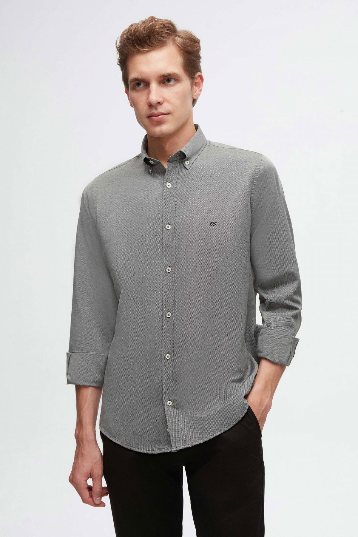 Ds Damat Slim Fit Oxford Button-Down Easy Iron Embroidered Detail Cotton Shirt  - Anthracite