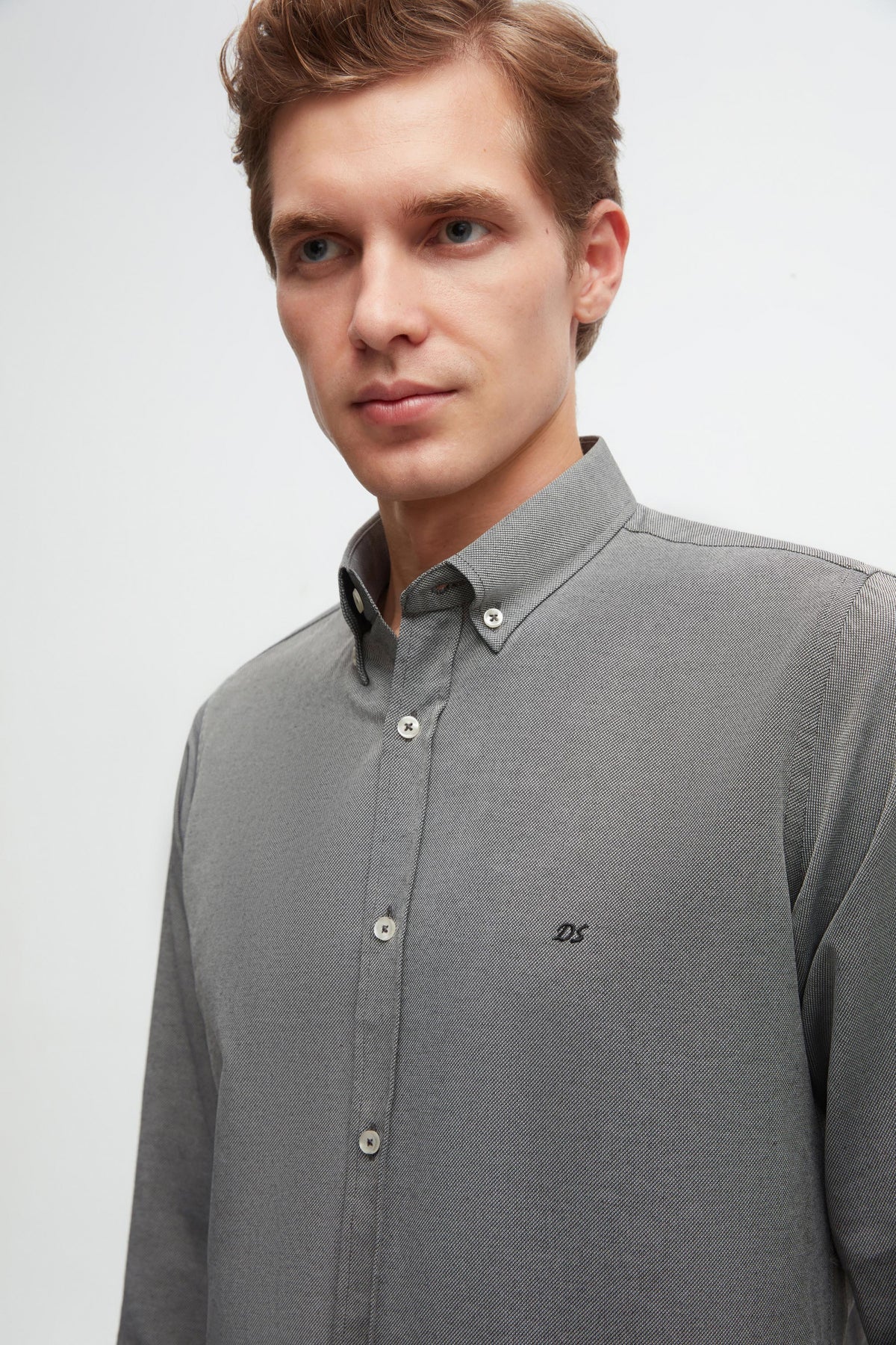 Ds Damat Slim Fit Oxford Button-Down Easy Iron Embroidered Detail Cotton Shirt  - Anthracite