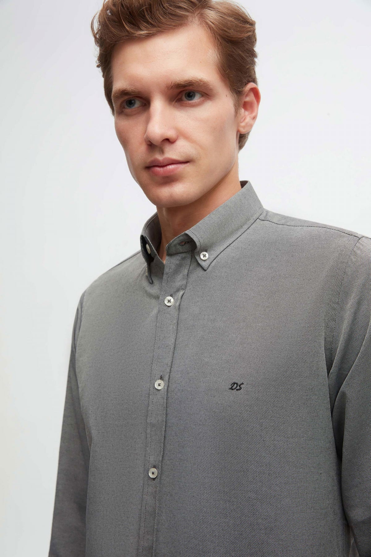 Ds Damat Slim Fit Oxford Button-Down Easy Iron Embroidered Detail Cotton Shirt  - Anthracite