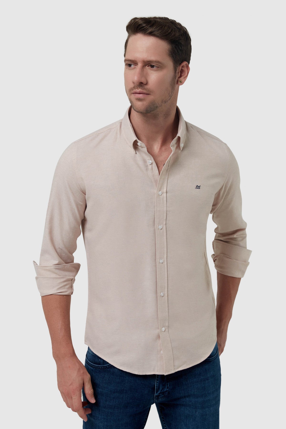 Ds Damat Slim Fit Oxford Button-Down Easy Iron Embroidered Detail Cotton Shirt  - Beige