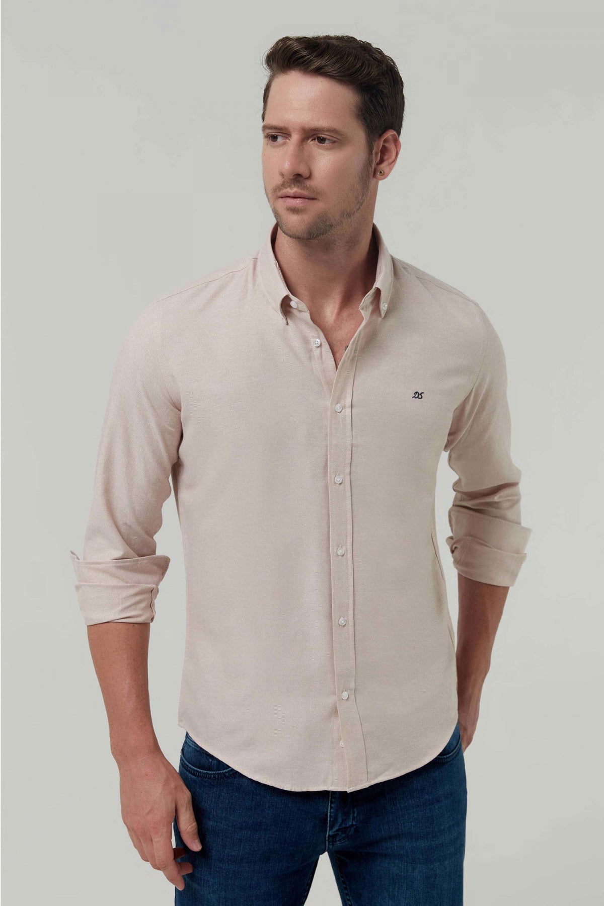 Ds Damat Slim Fit Oxford Button-Down Easy Iron Embroidered Detail Cotton Shirt  - Beige