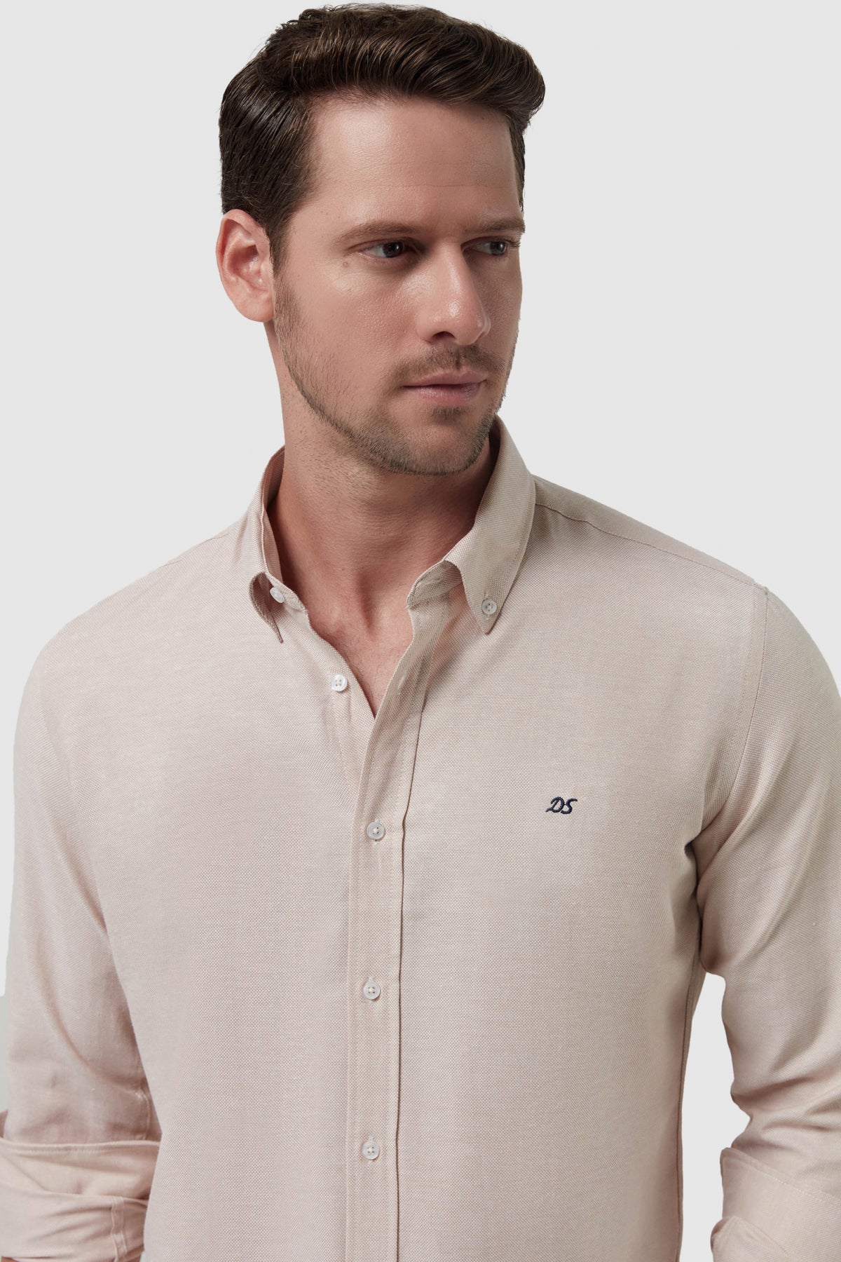 Ds Damat Slim Fit Oxford Button-Down Easy Iron Embroidered Detail Cotton Shirt  - Beige