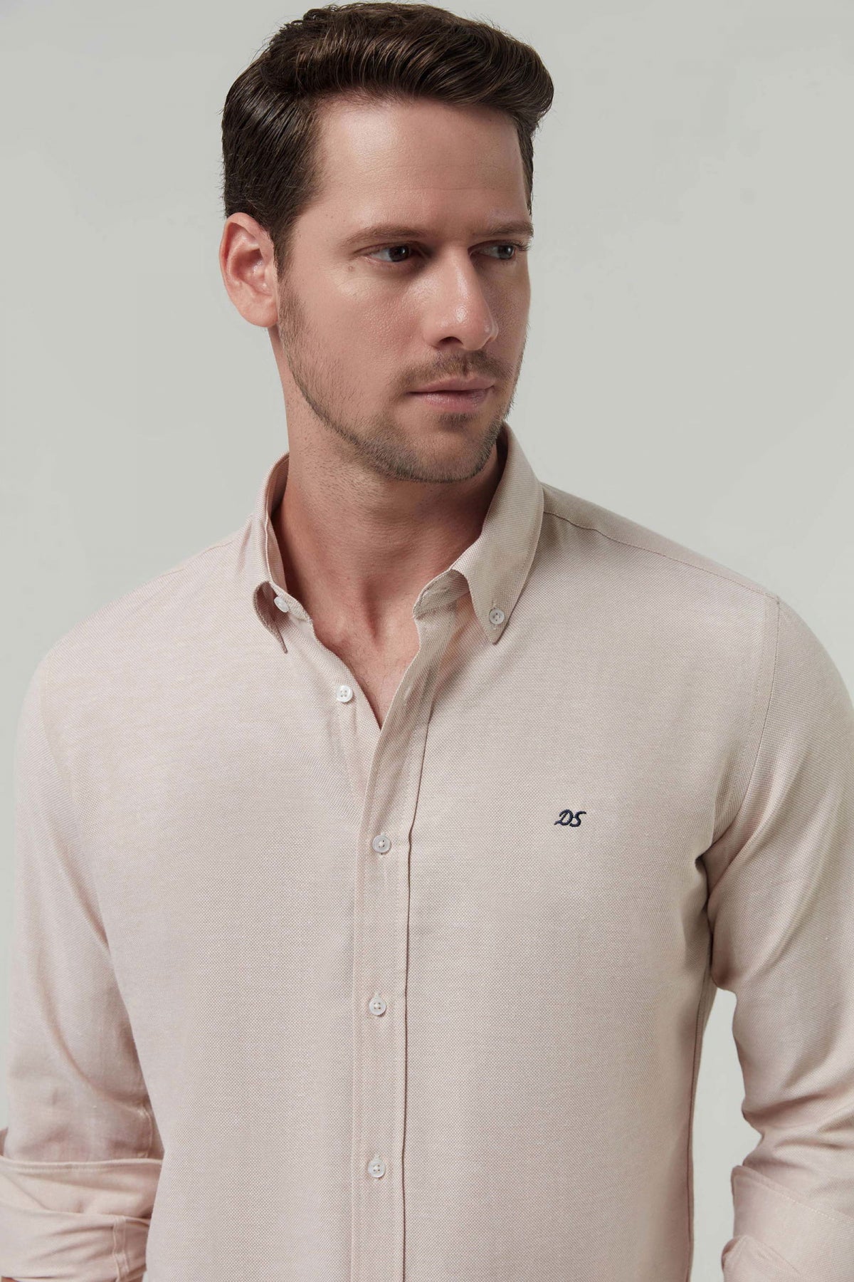 Ds Damat Slim Fit Oxford Button-Down Easy Iron Embroidered Detail Cotton Shirt  - Beige
