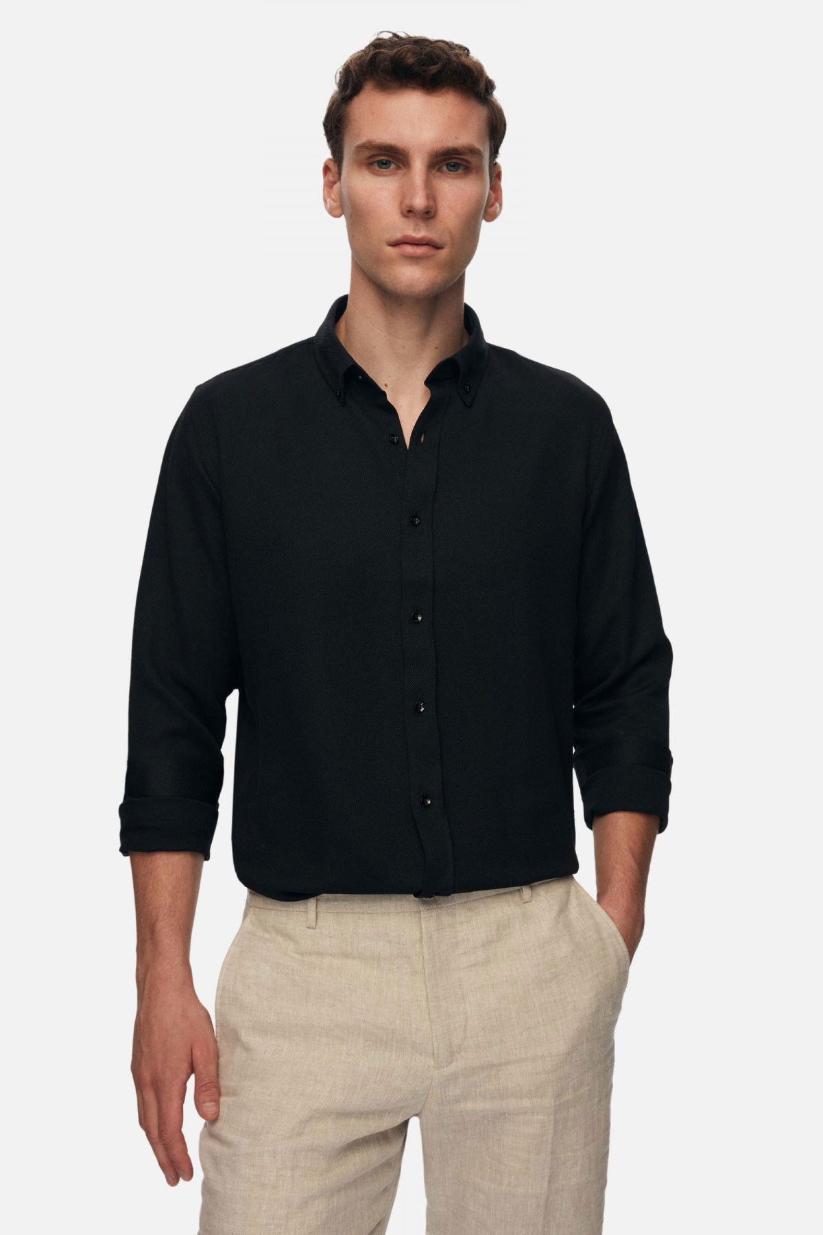 Ds Damat Slim Fit Oxford Button-Down Easy Iron Embroidered Detail Cotton Shirt  - Black