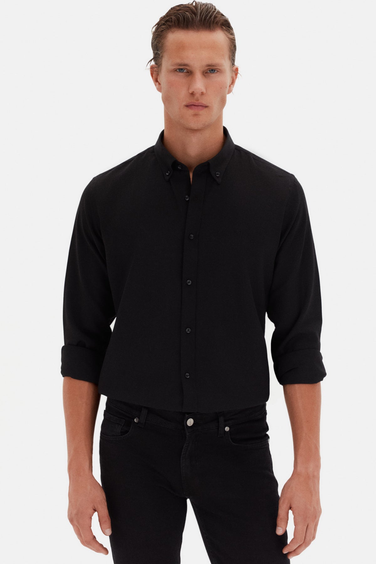 Ds Damat Slim Fit Oxford Button-Down Easy Iron Embroidered Detail Cotton Shirt  - Black