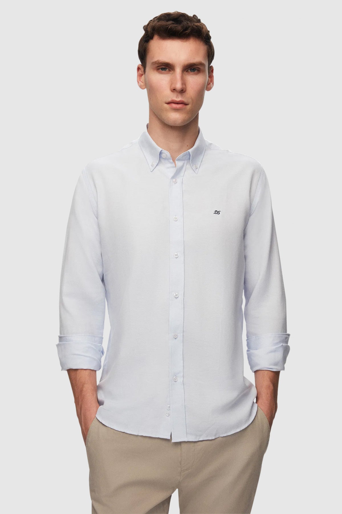Ds Damat Slim Fit Oxford Button-Down Easy Iron Embroidered Detail Cotton Shirt  - Blue