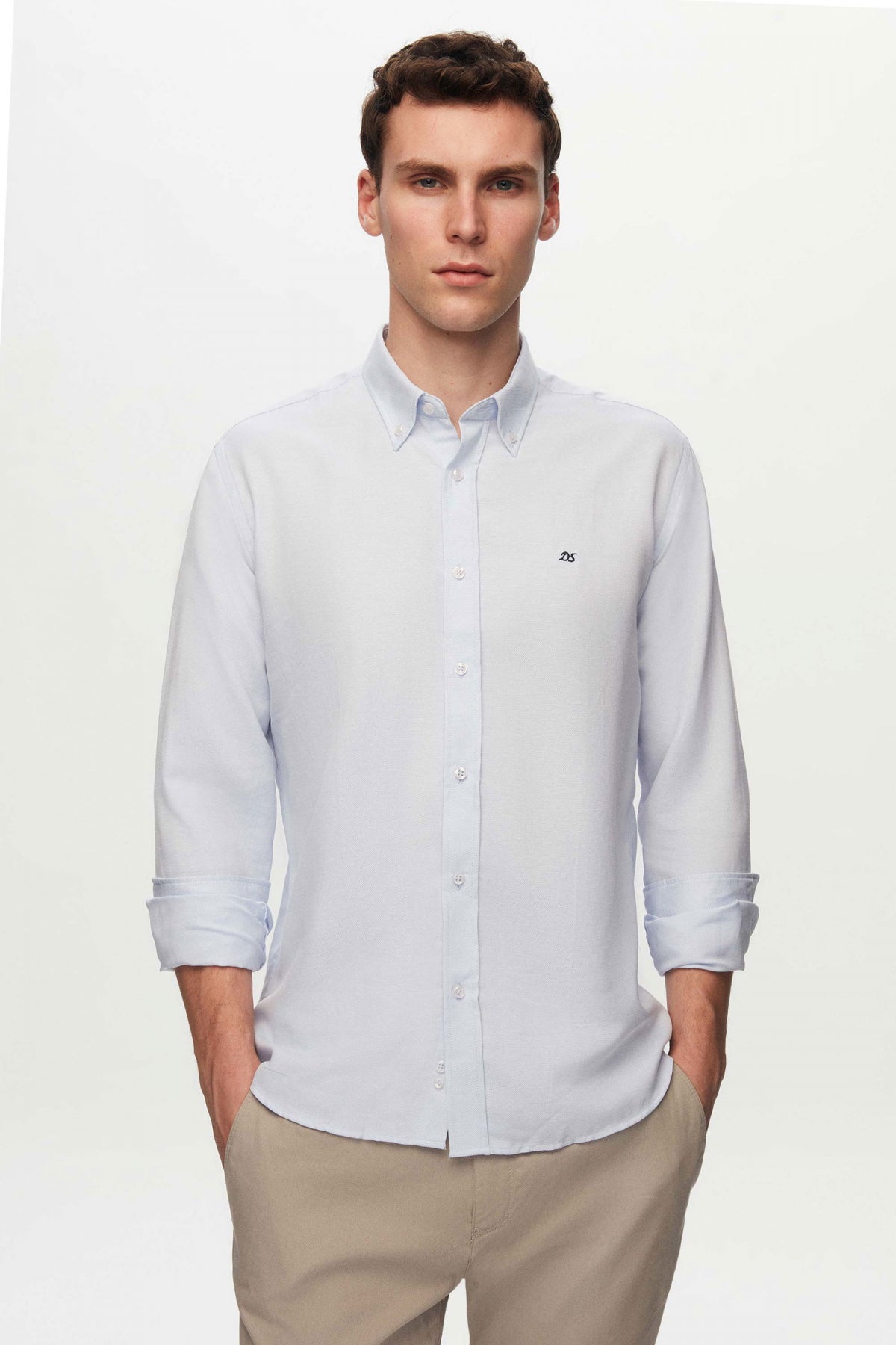 Ds Damat Slim Fit Oxford Button-Down Easy Iron Embroidered Detail Cotton Shirt  - Blue