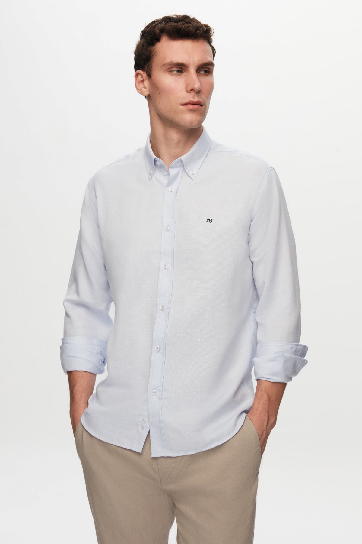 Ds Damat Slim Fit Oxford Button-Down Easy Iron Embroidered Detail Cotton Shirt  - Blue