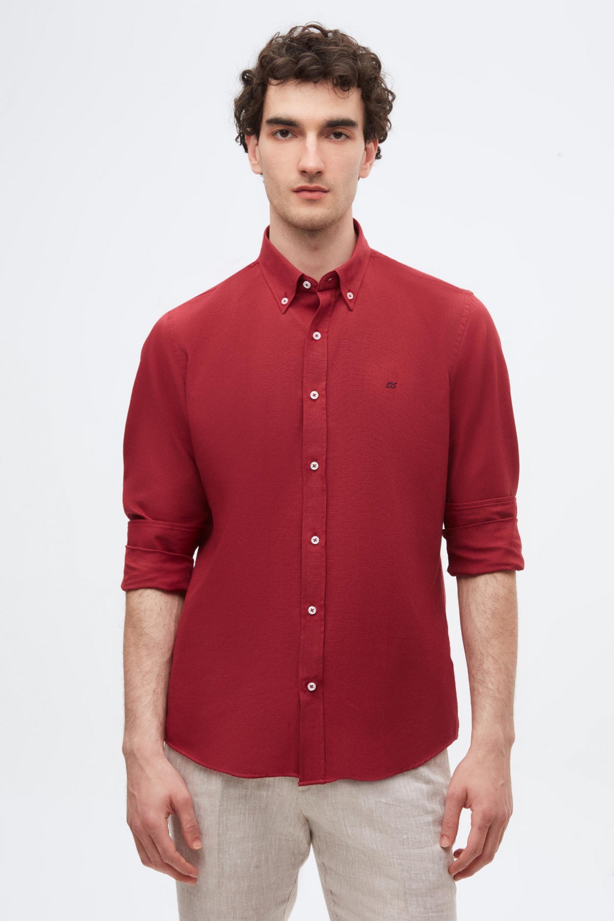 Ds Damat Slim Fit Oxford Button-Down Easy Iron Embroidered Detail Cotton Shirt  - Burgundy