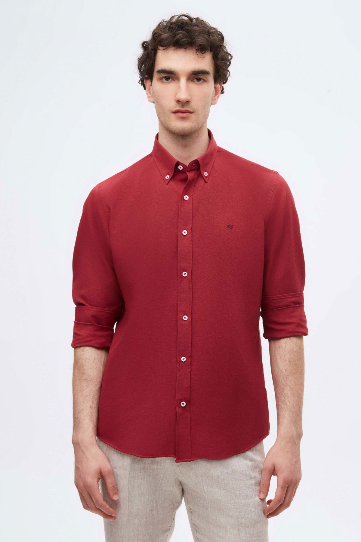 Ds Damat Slim Fit Oxford Button-Down Easy Iron Embroidered Detail Cotton Shirt  - Burgundy