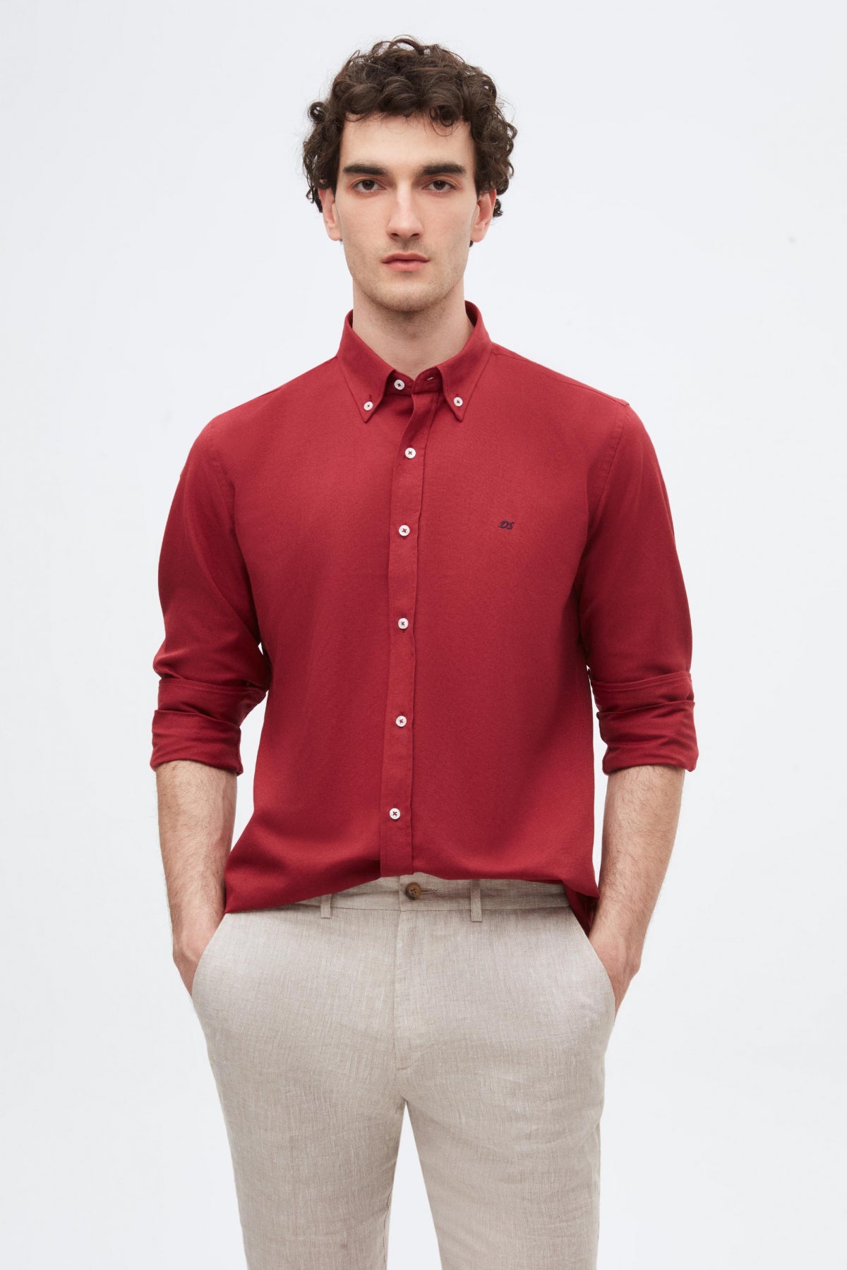 Ds Damat Slim Fit Oxford Button-Down Easy Iron Embroidered Detail Cotton Shirt  - Burgundy