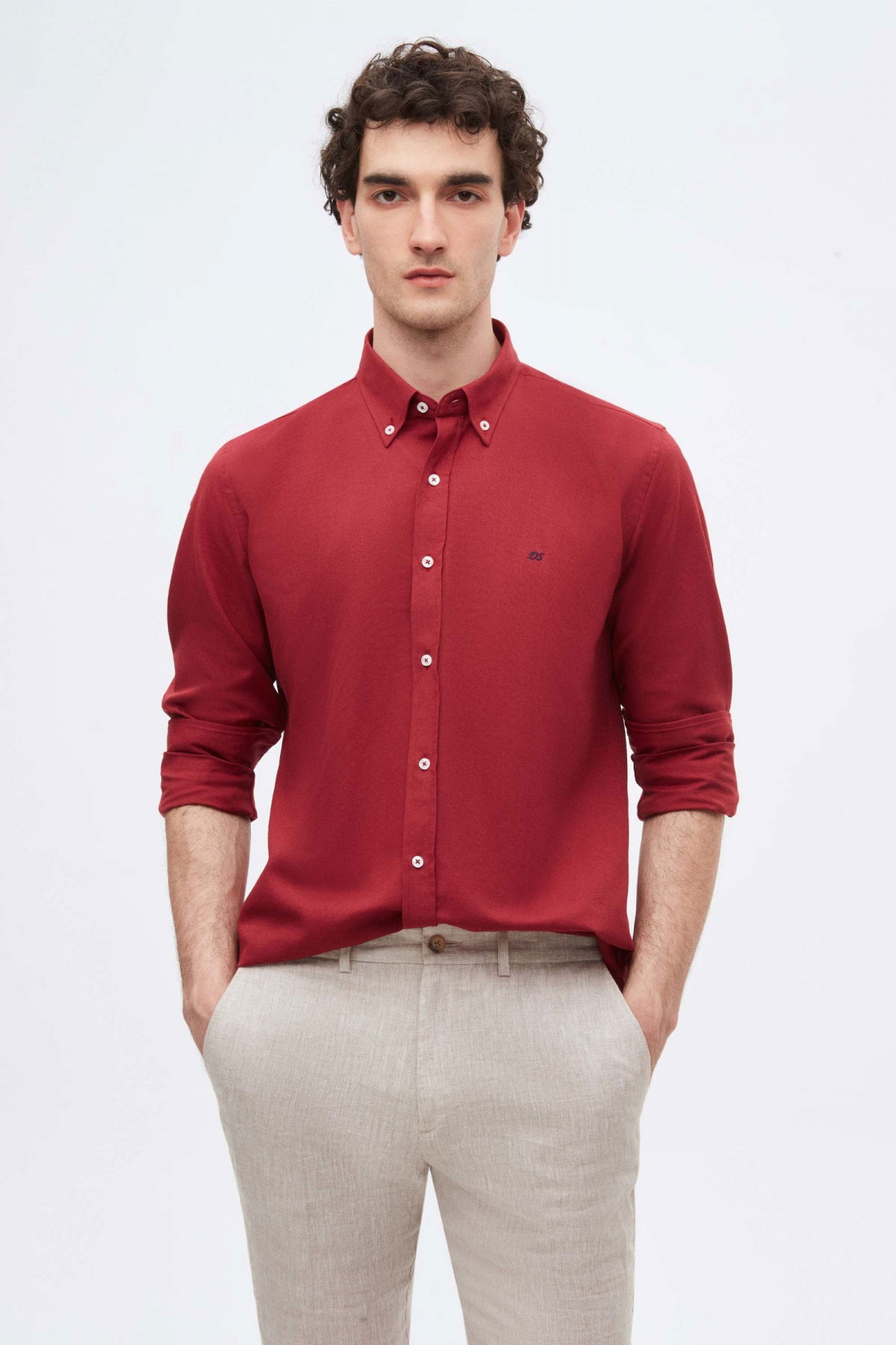 Ds Damat Slim Fit Oxford Button-Down Easy Iron Embroidered Detail Cotton Shirt  - Burgundy