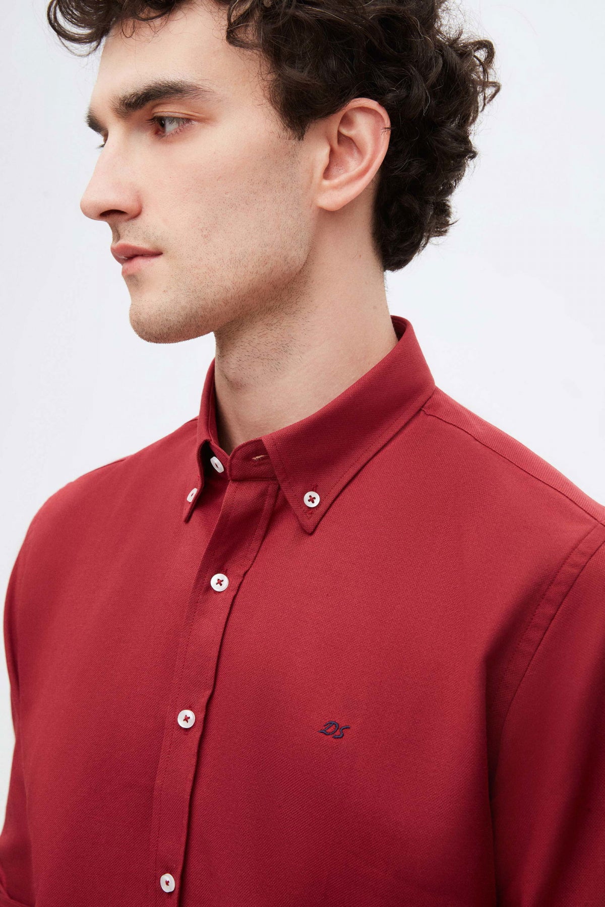 Ds Damat Slim Fit Oxford Button-Down Easy Iron Embroidered Detail Cotton Shirt  - Burgundy